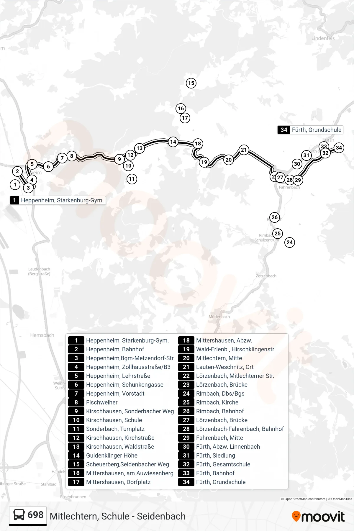 698 bus Line (Fürth, Grundschule) route and stops on a map