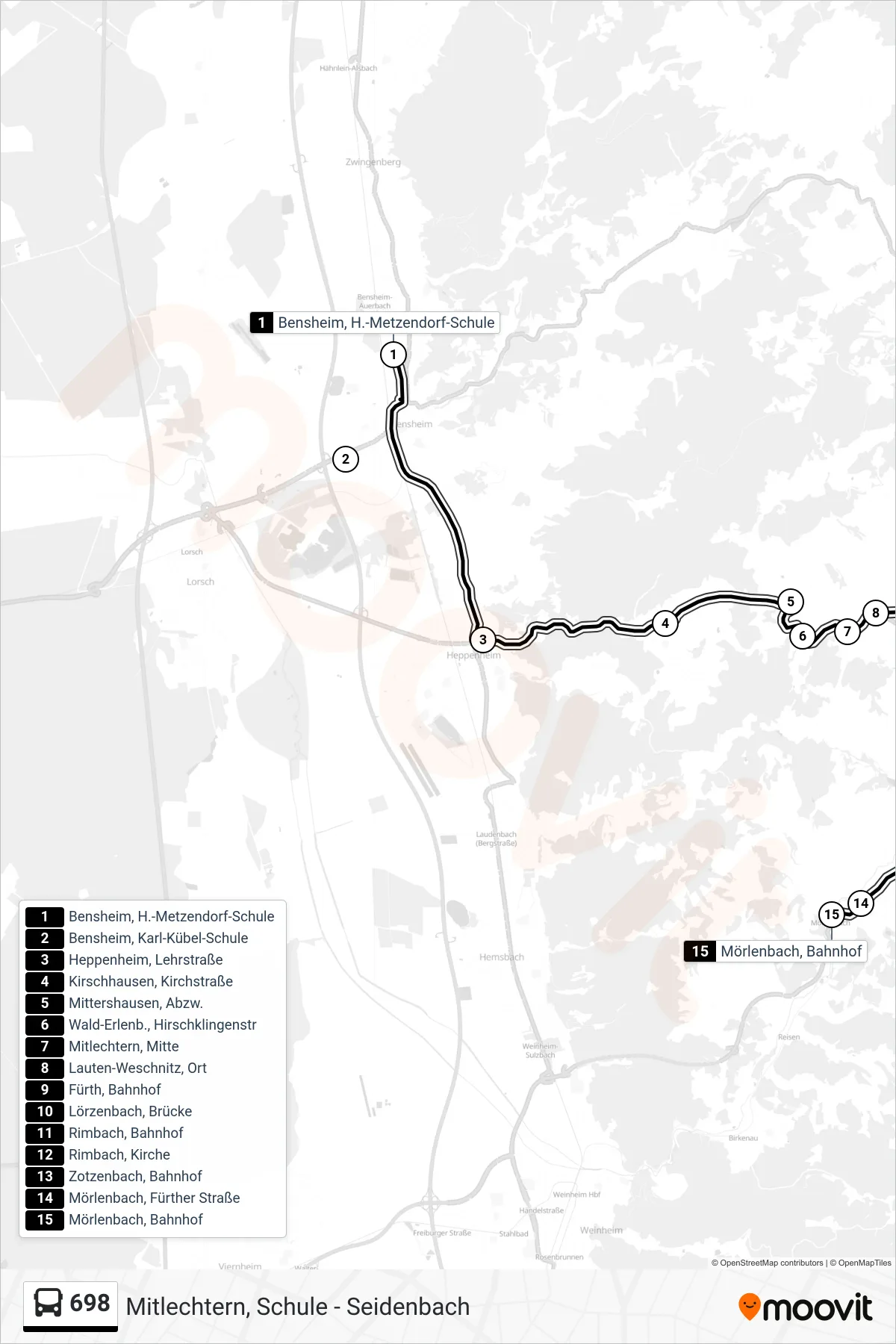 698 bus Line (Mörlenbach, Bahnhof) route and stops on a map