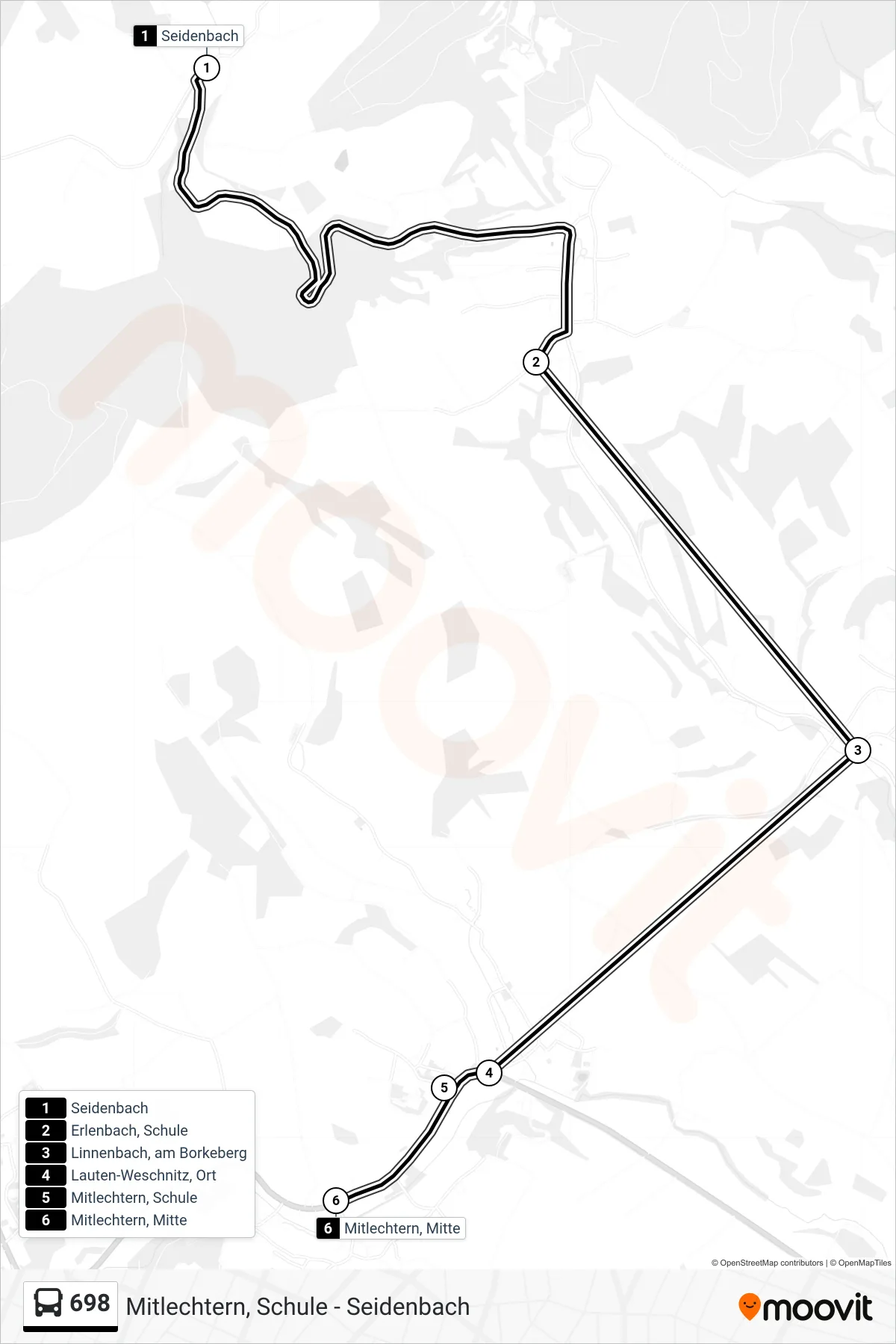 698 bus Line (Mitlechtern, Mitte) route and stops on a map