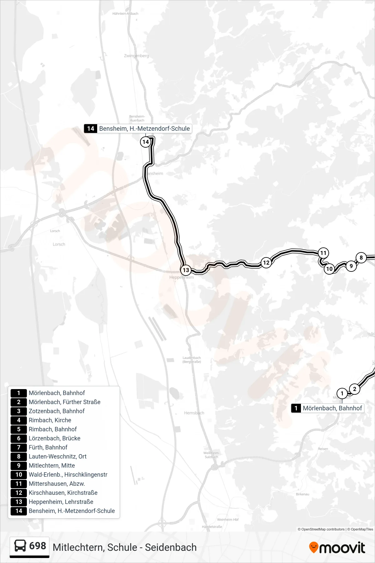 698 bus Line (Bensheim, H.-Metzendorf-Schule) route and stops on a map
