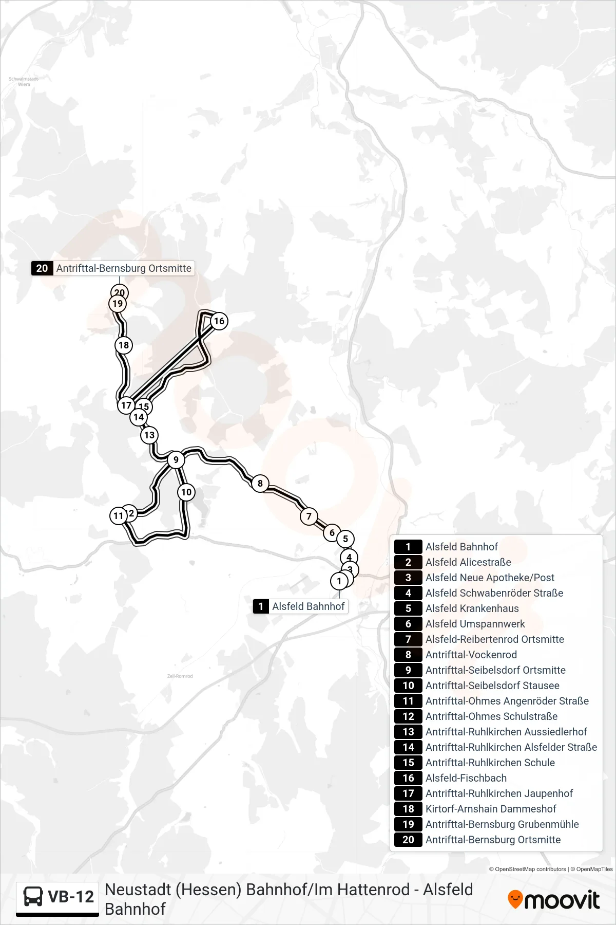 VB-12 bus Line (Antrifttal-Bernsburg Ortsmitte) route and stops on a map