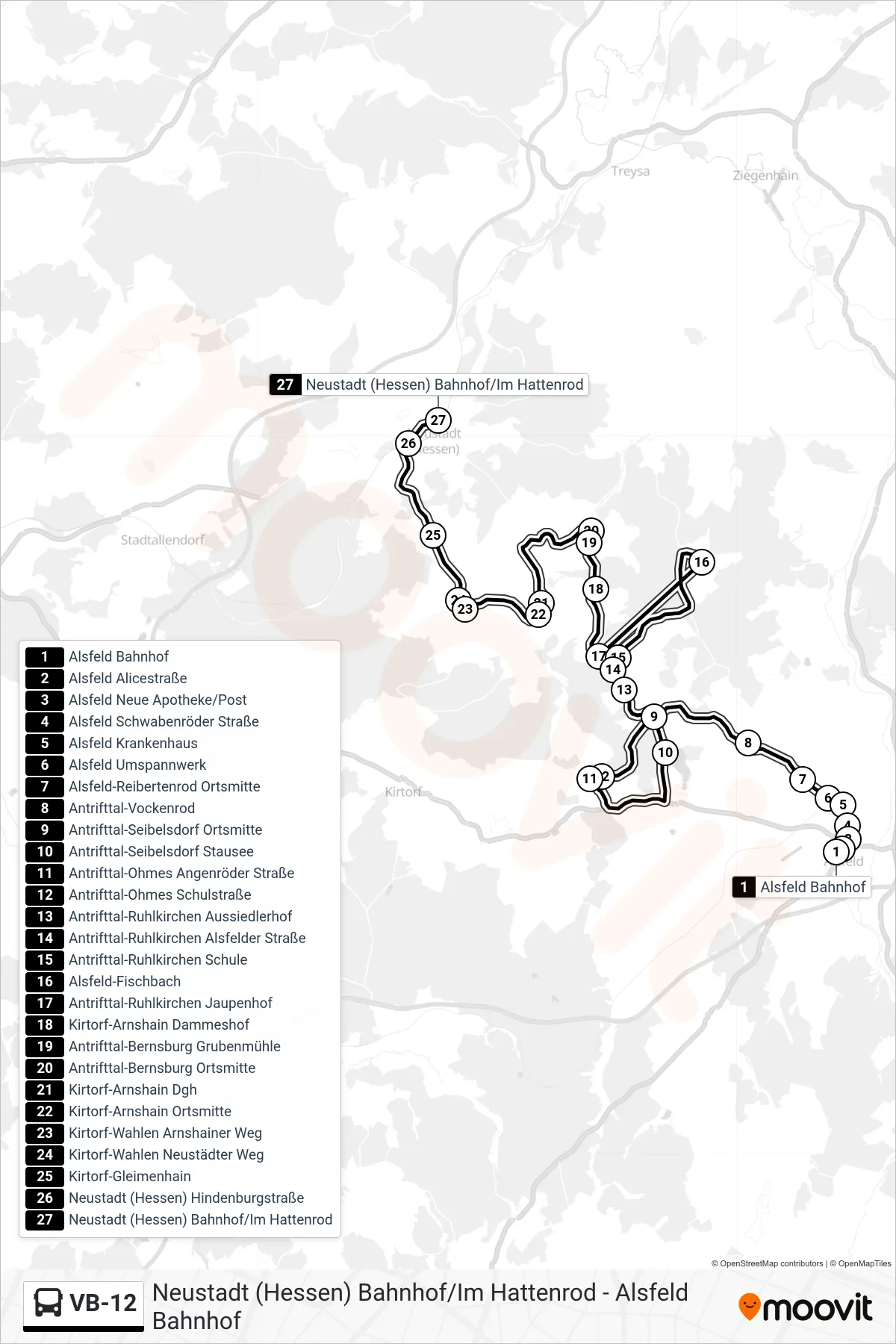 Linie VB-12 (Bus) Richtung Neustadt (Hessen) Bahnhof/Im Hattenrod: Route und Haltestellen auf der Karte