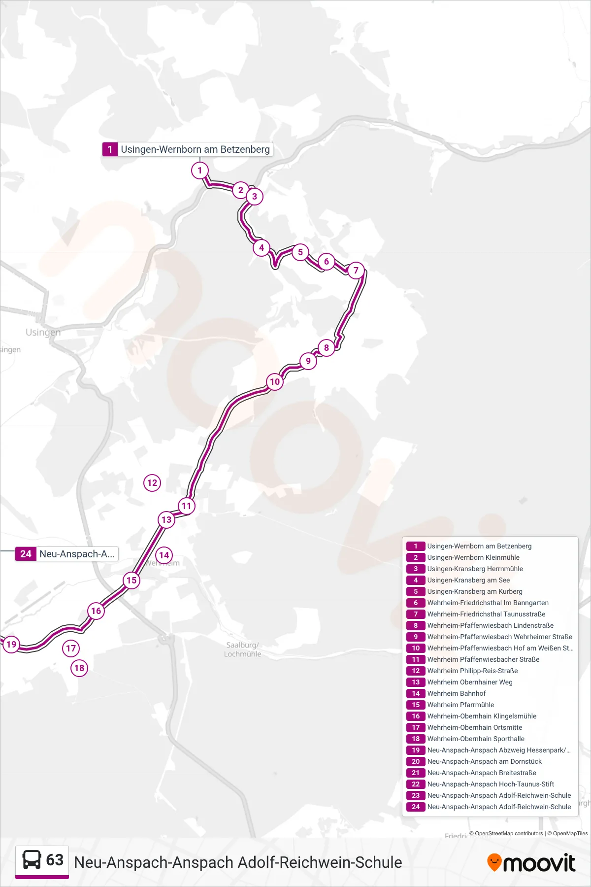 63 bus Line (Neu-Anspach-Anspach Adolf-Reichwein-Schule) route and stops on a map