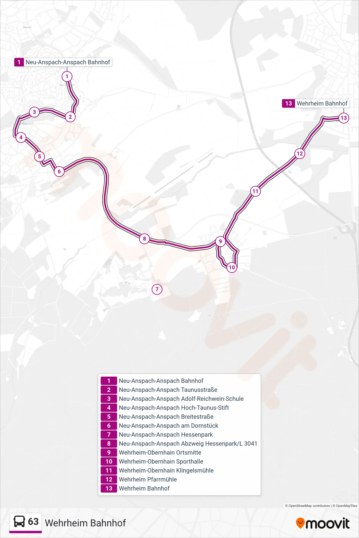 Linie 63 (Bus) Richtung Wehrheim Bahnhof: Route und Haltestellen auf der Karte