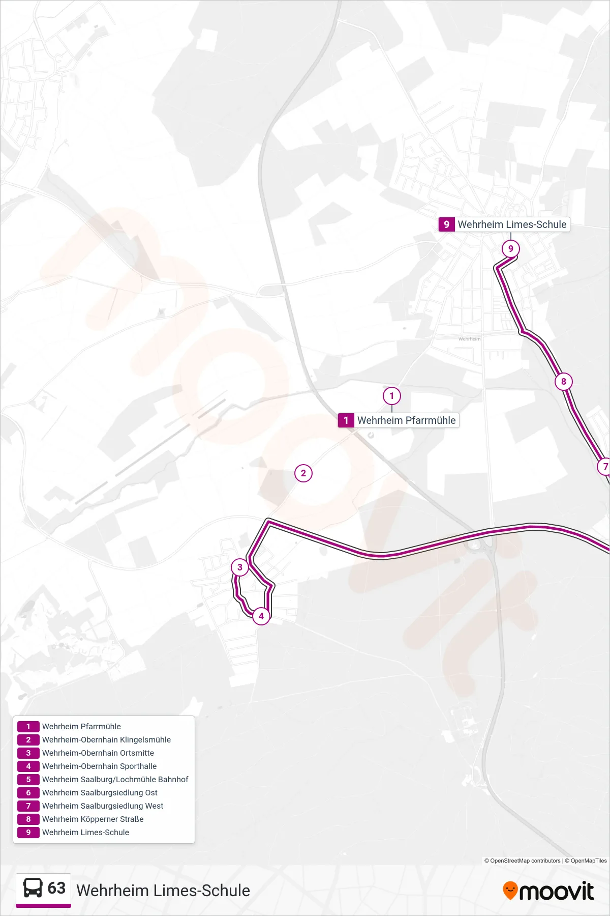 63 bus Line (Wehrheim Limes-Schule) route and stops on a map