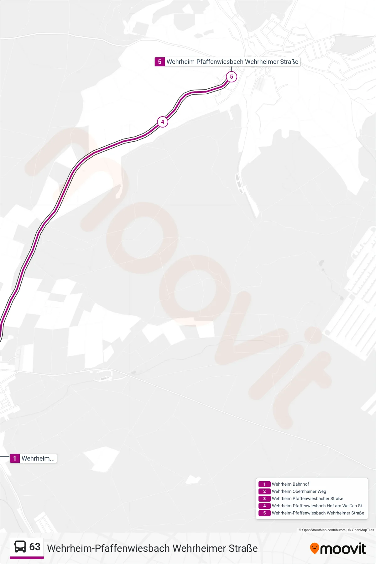 63 bus Line (Wehrheim-Pfaffenwiesbach Wehrheimer Straße) route and stops on a map