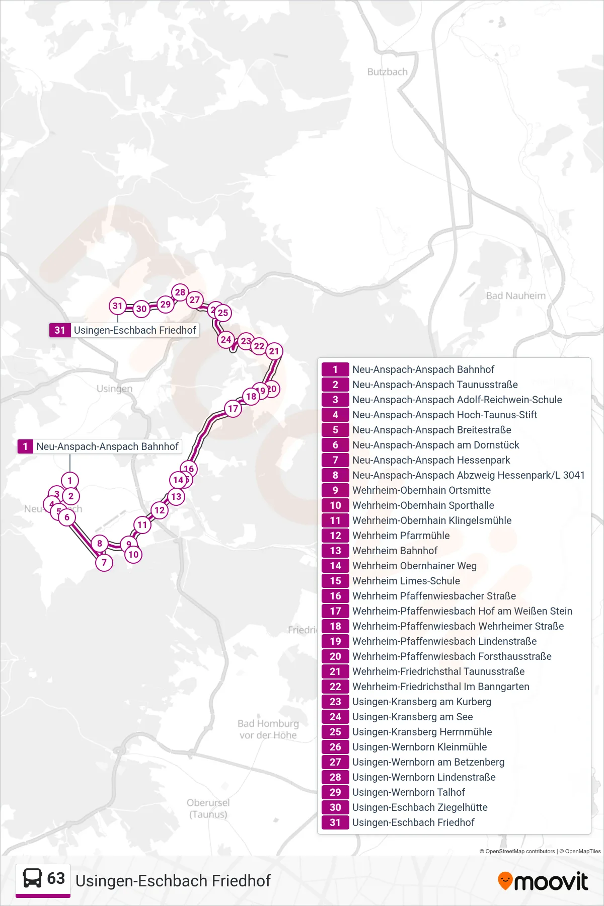 63 bus Line (Usingen-Eschbach Friedhof) route and stops on a map
