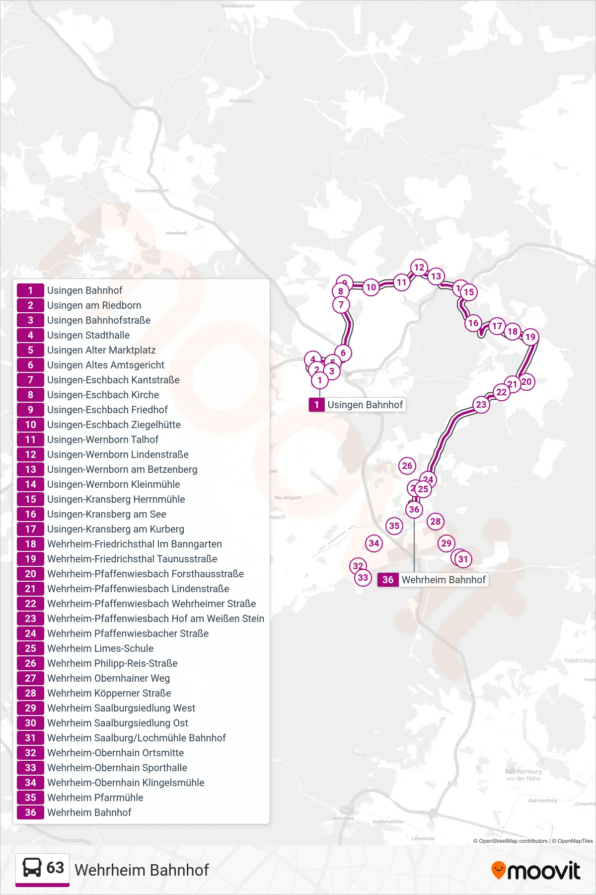 63 bus Line (Wehrheim Bahnhof) route and stops on a map