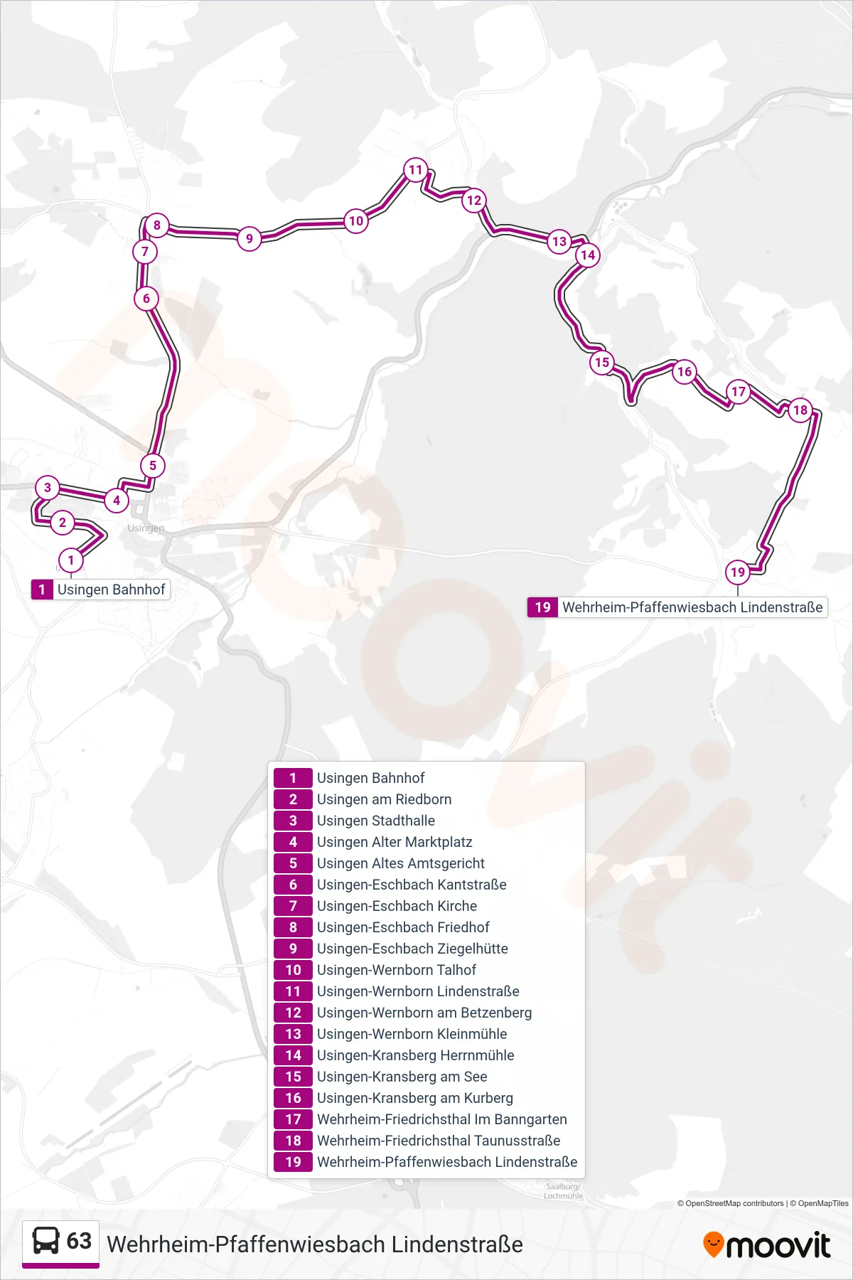 63 bus Line (Wehrheim-Pfaffenwiesbach Lindenstraße) route and stops on a map