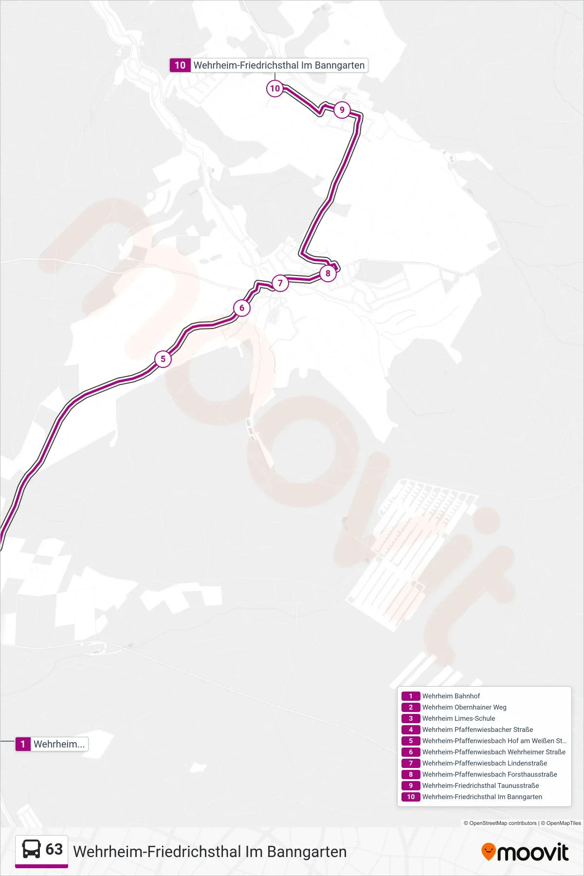 63 bus Line (Wehrheim-Friedrichsthal Im Banngarten) route and stops on a map