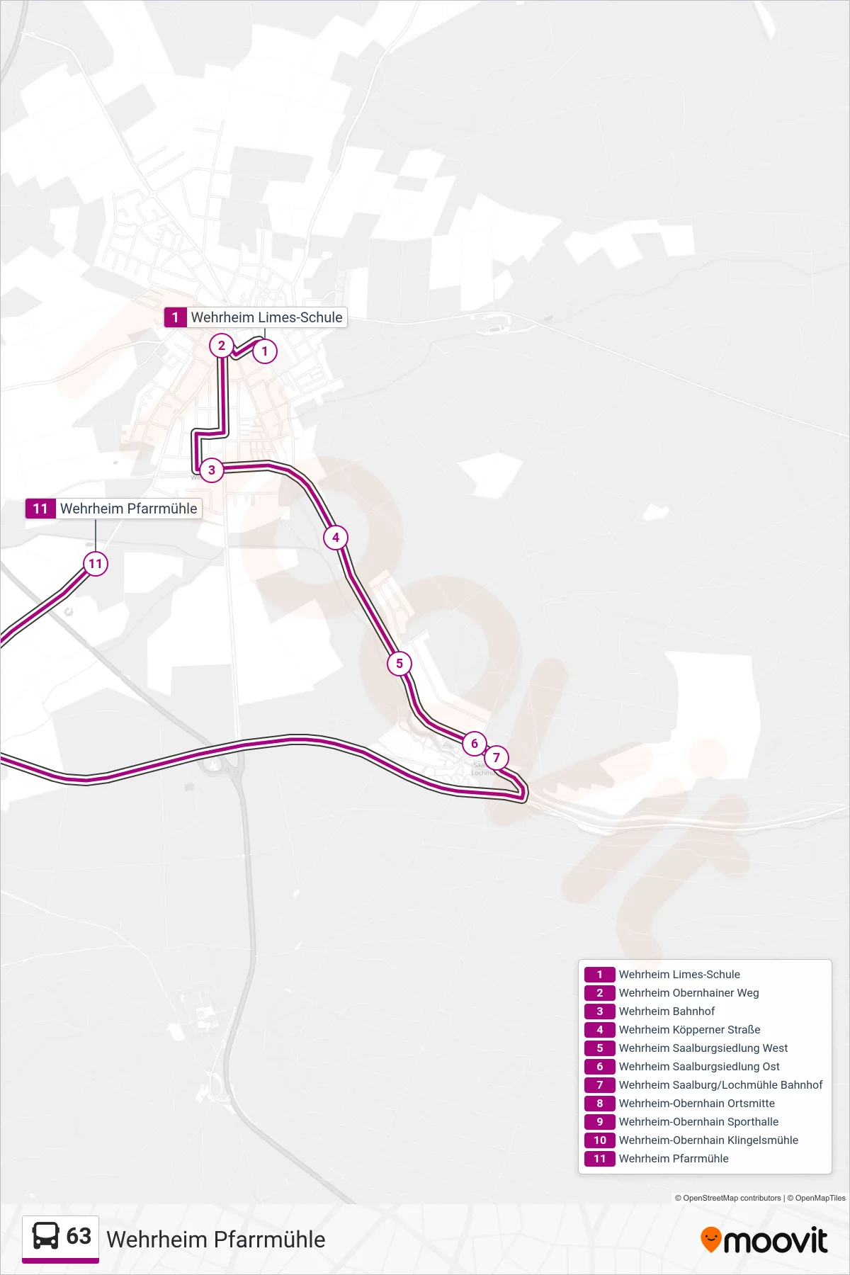 63 bus Line (Wehrheim Pfarrmühle) route and stops on a map