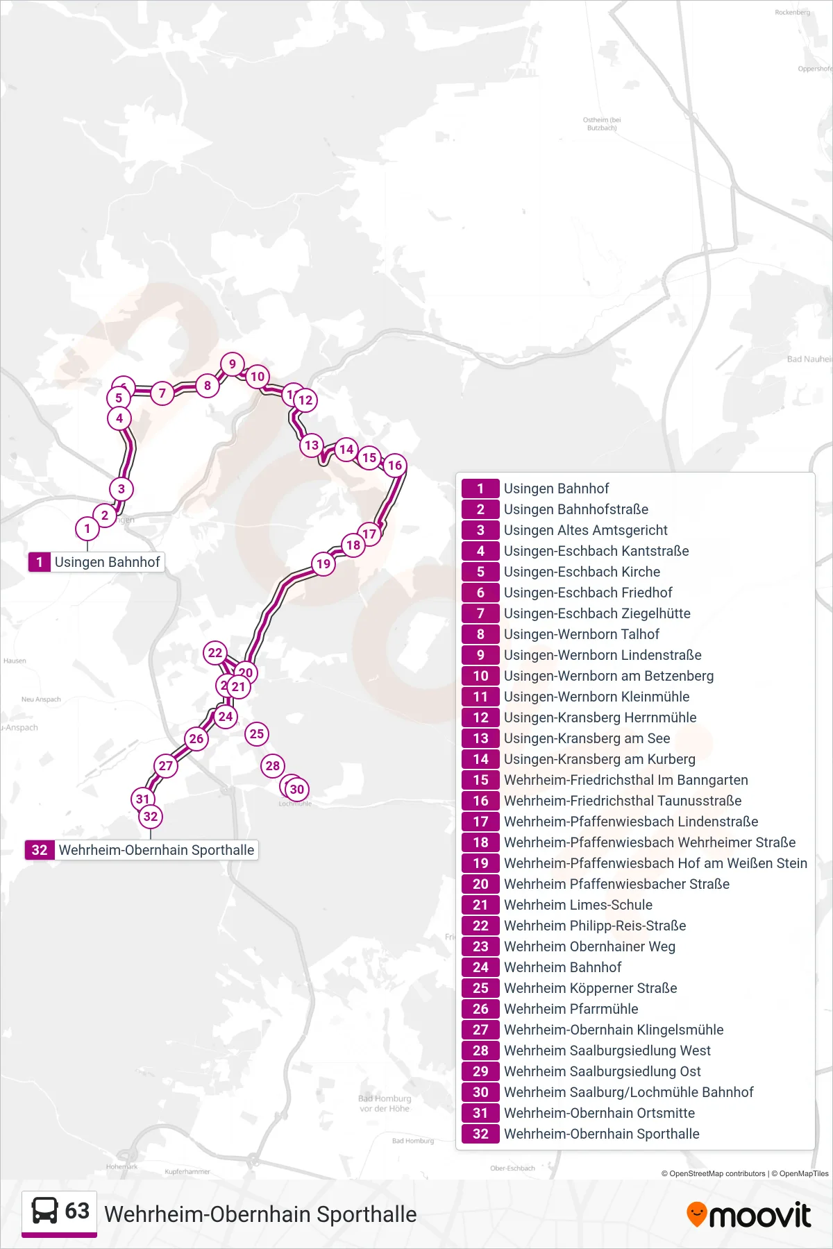 63 bus Line (Wehrheim-Obernhain Sporthalle) route and stops on a map