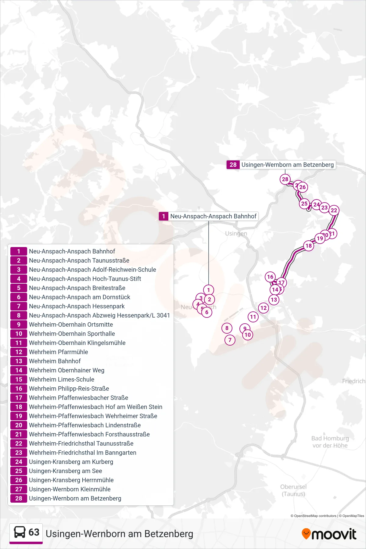 Linie 63 (Bus) Richtung Usingen-Wernborn am Betzenberg: Route und Haltestellen auf der Karte