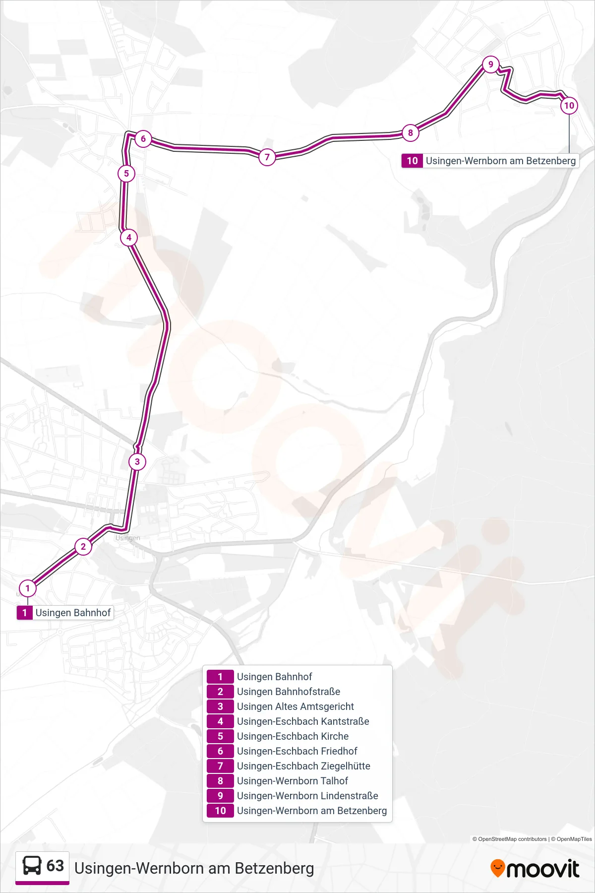 63 bus Line (Usingen-Wernborn am Betzenberg) route and stops on a map