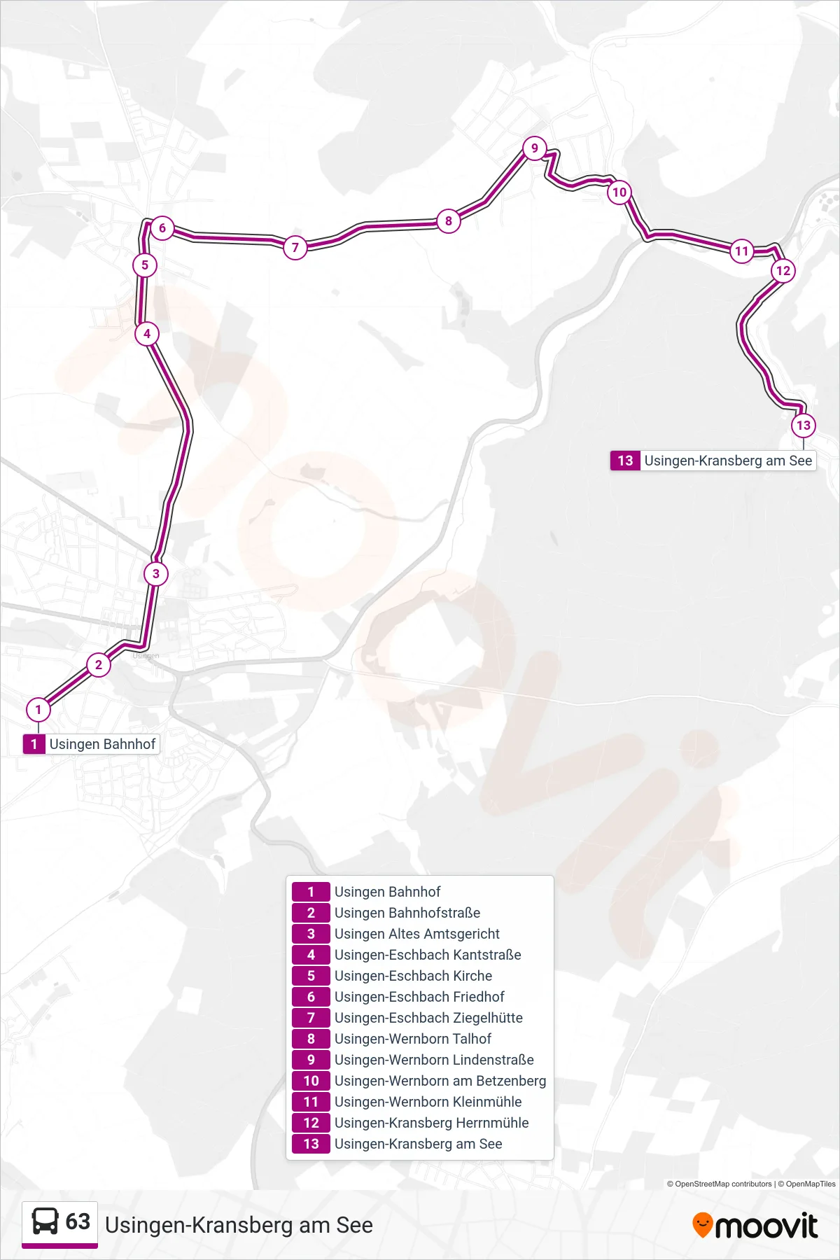 63 bus Line (Usingen-Kransberg am See) route and stops on a map