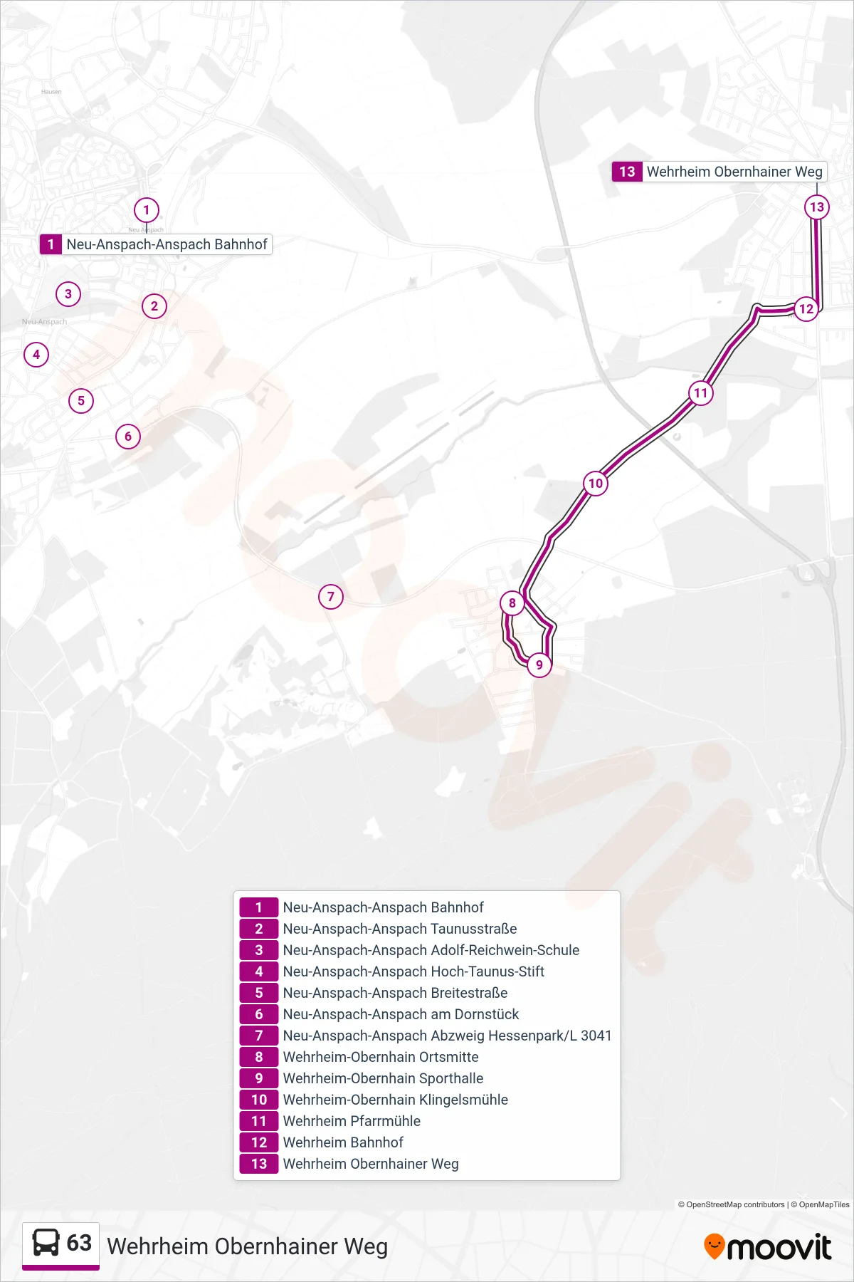 63 bus Line (Wehrheim Obernhainer Weg) route and stops on a map