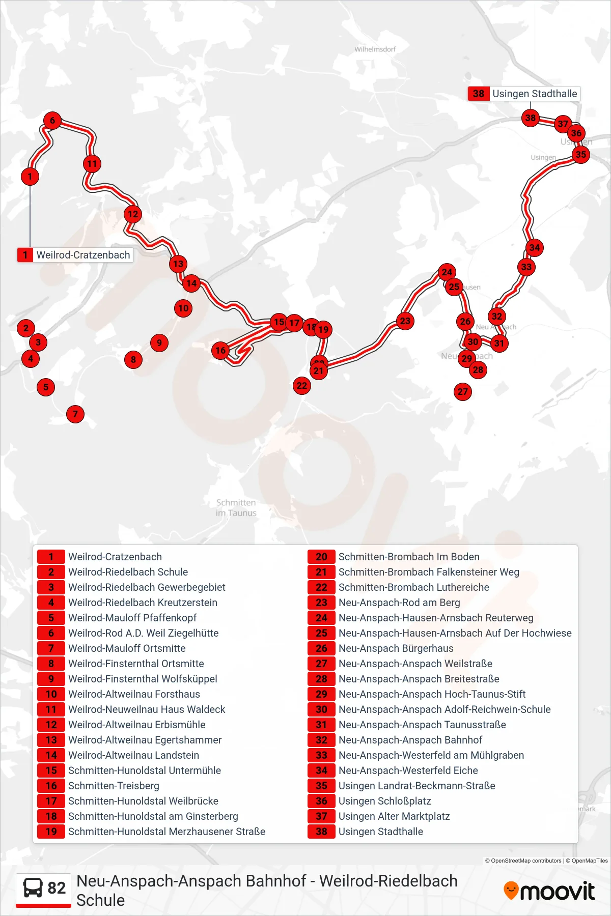 82 bus Line (Usingen Stadthalle) route and stops on a map