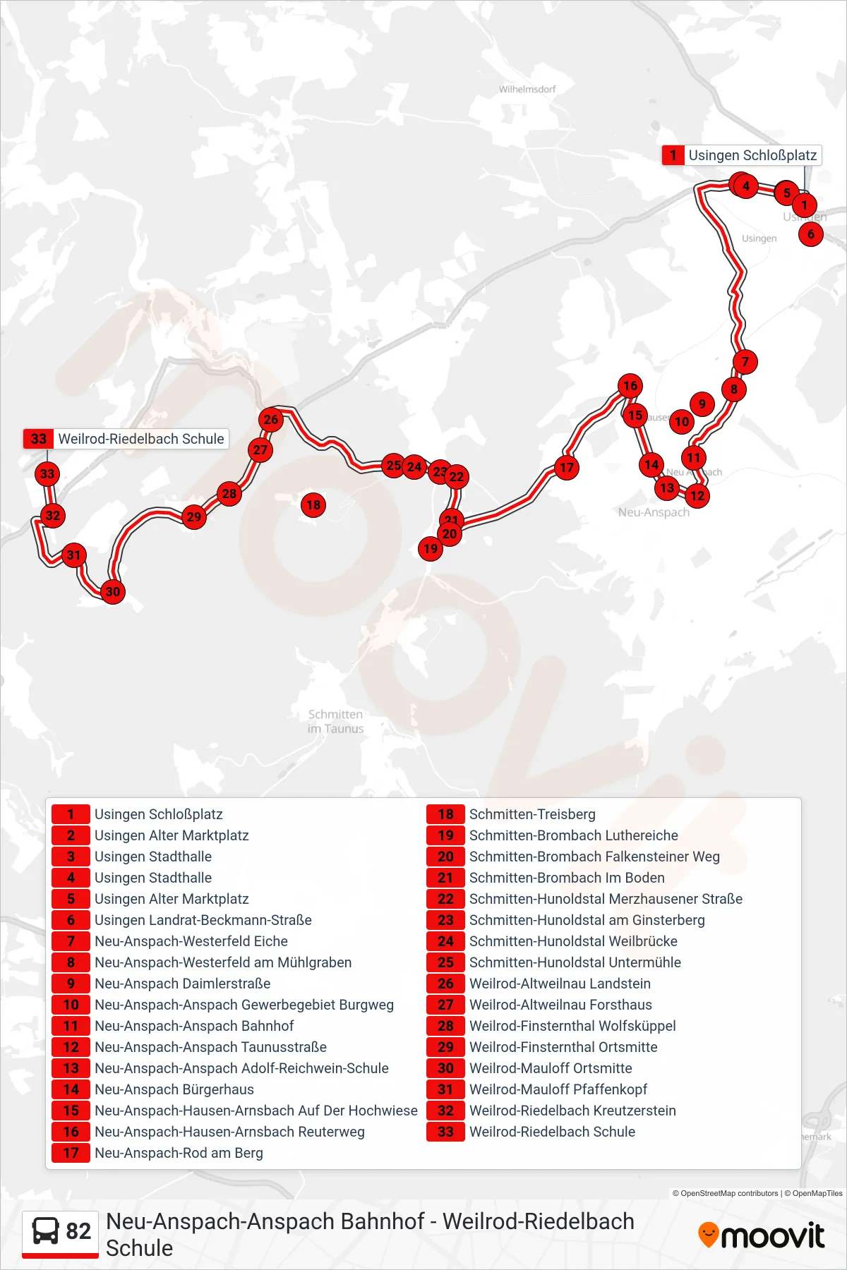 82 bus Line (Weilrod-Riedelbach Schule) route and stops on a map
