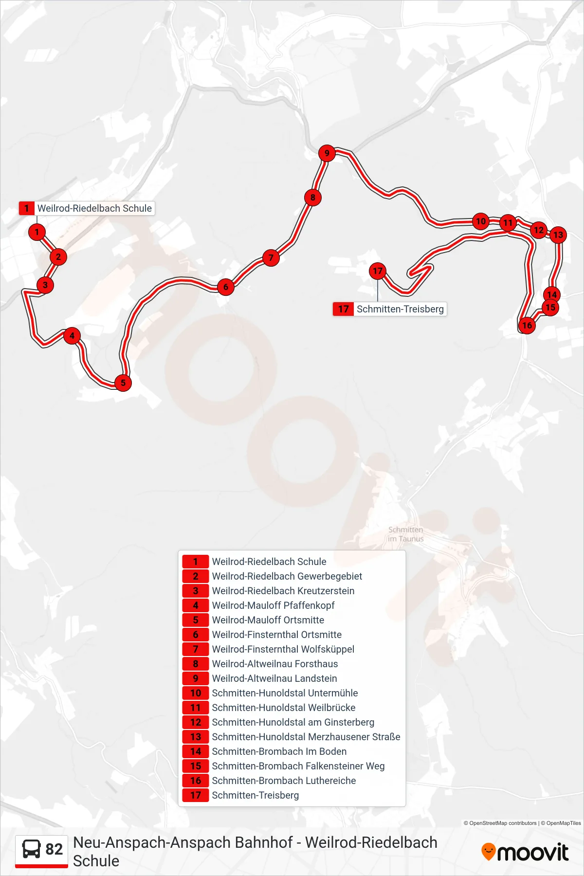 82 bus Line (Schmitten-Treisberg) route and stops on a map