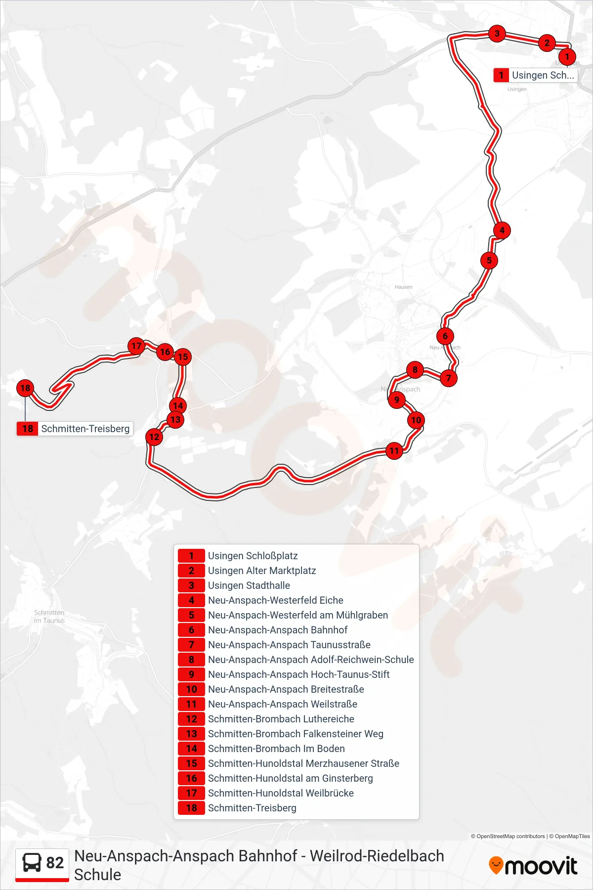 82 bus Line (Schmitten-Treisberg) route and stops on a map