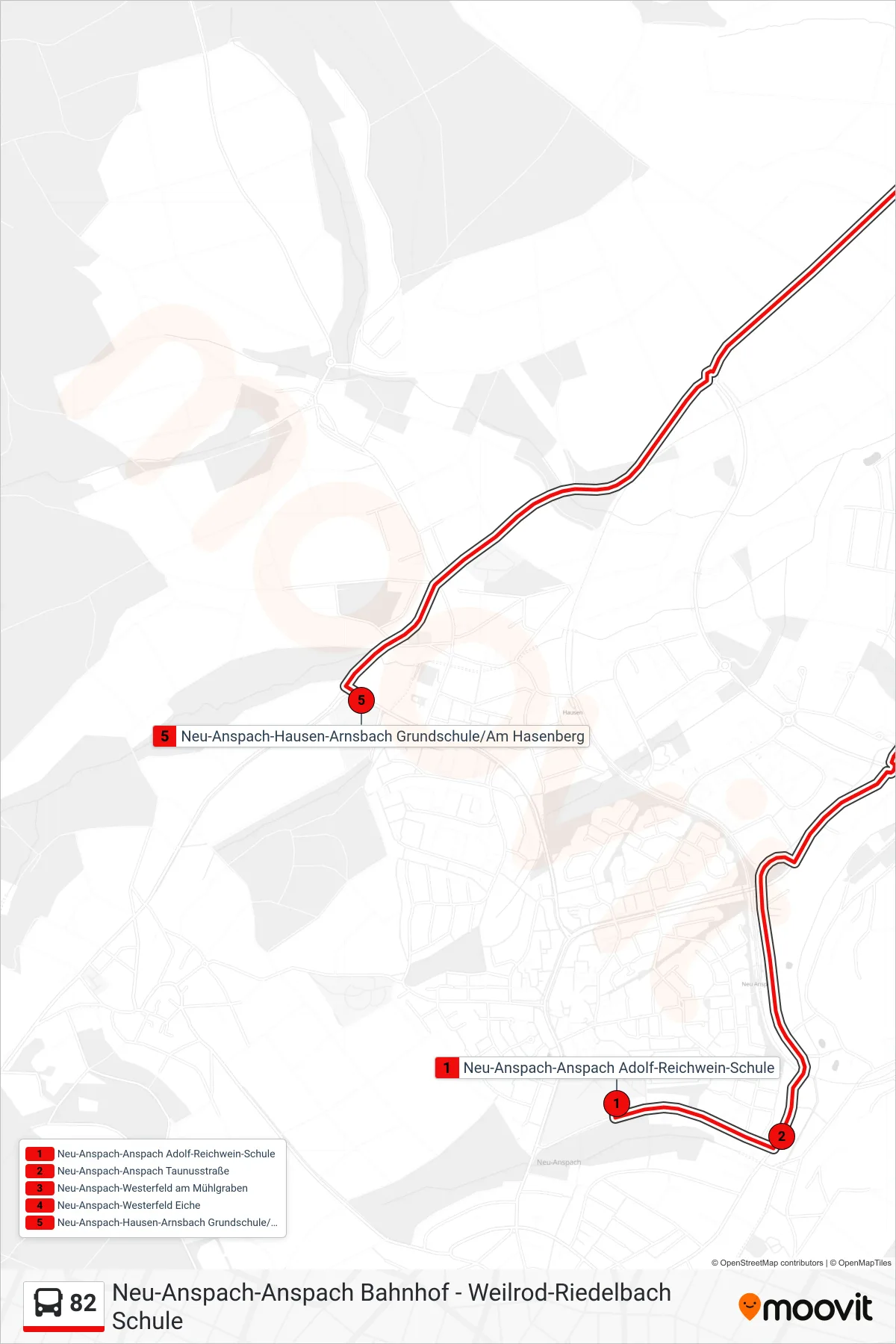 82 bus Line (Neu-Anspach-Hausen-Arnsbach Grundschule/Am Hasenberg) route and stops on a map