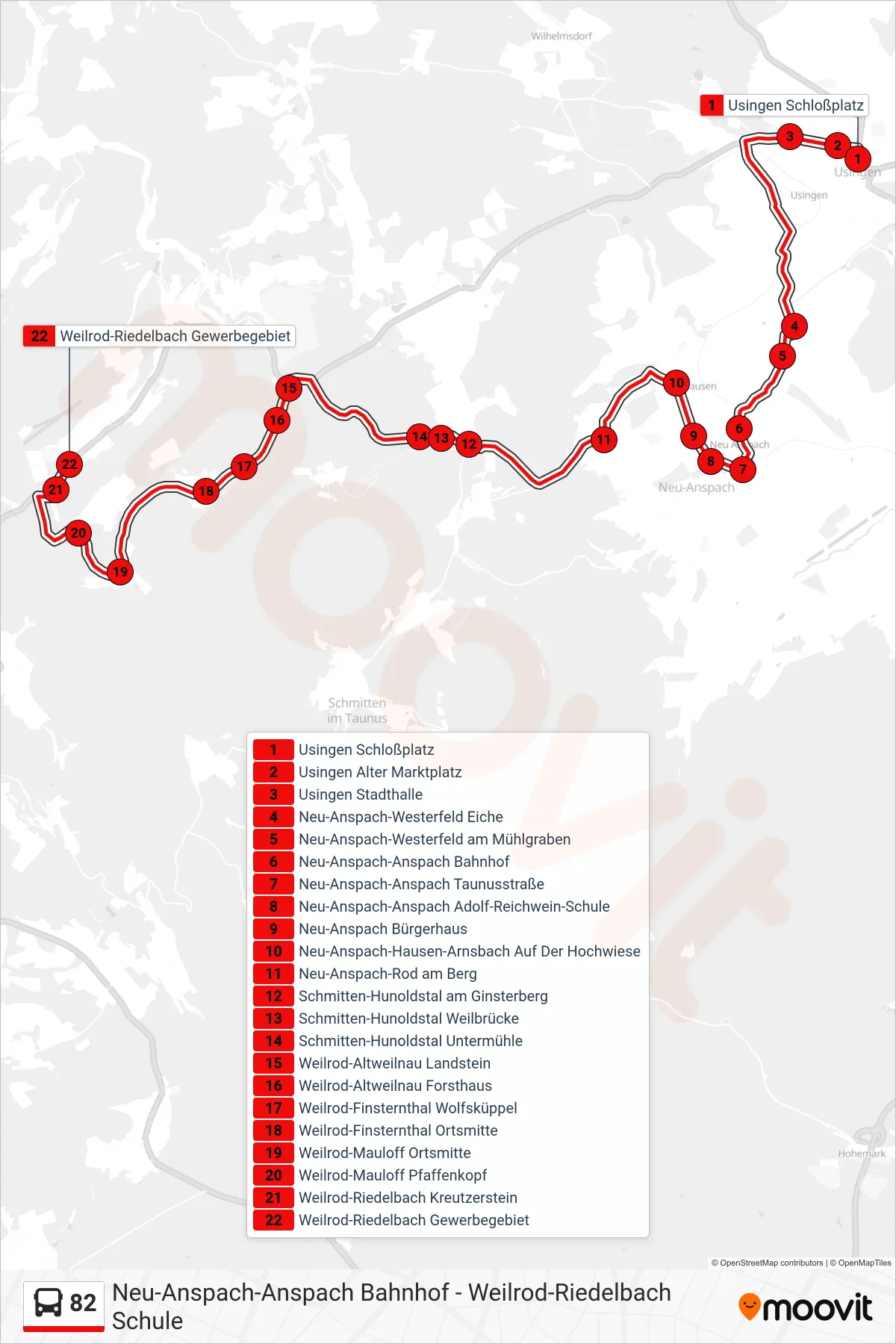 82 bus Line (Weilrod-Riedelbach Gewerbegebiet) route and stops on a map