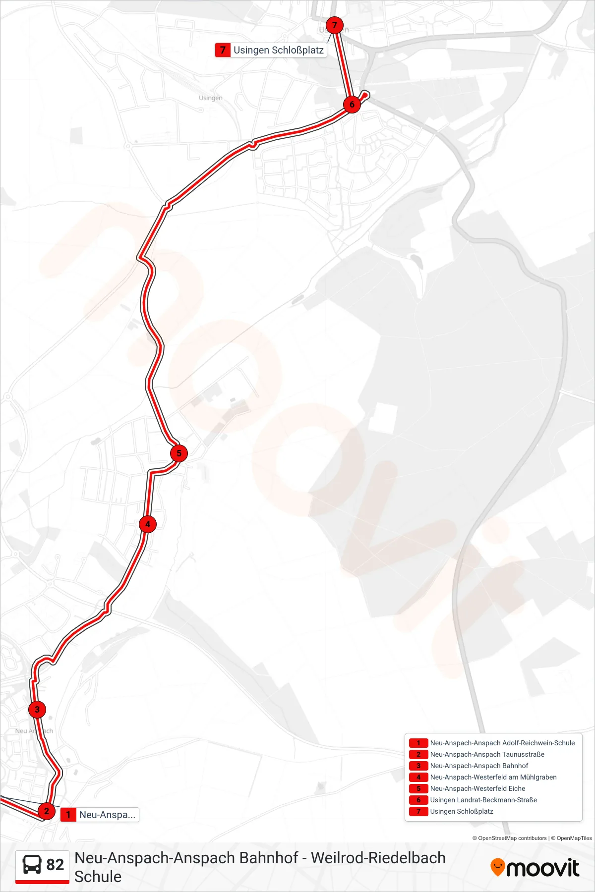 82 bus Line (Usingen Schloßplatz) route and stops on a map