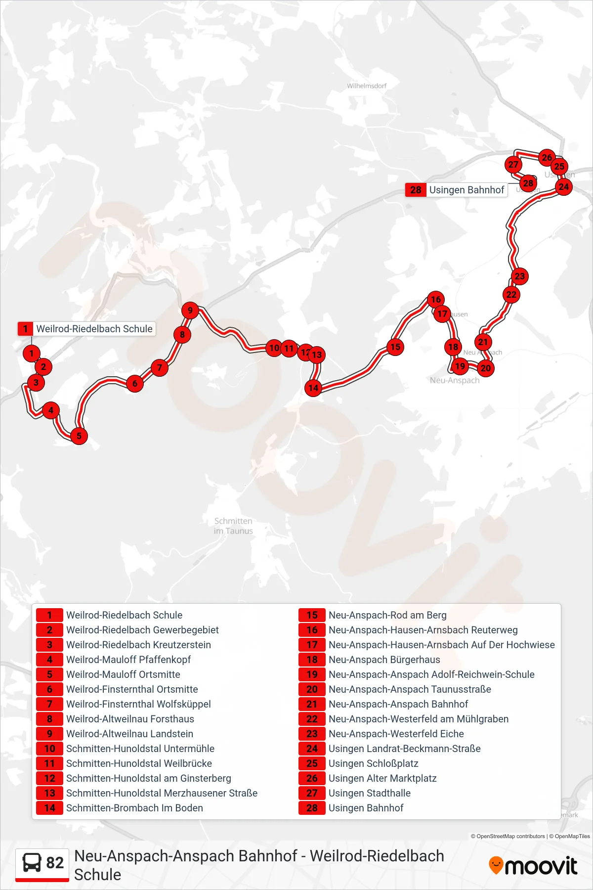 82 bus Line (Usingen Bahnhof) route and stops on a map