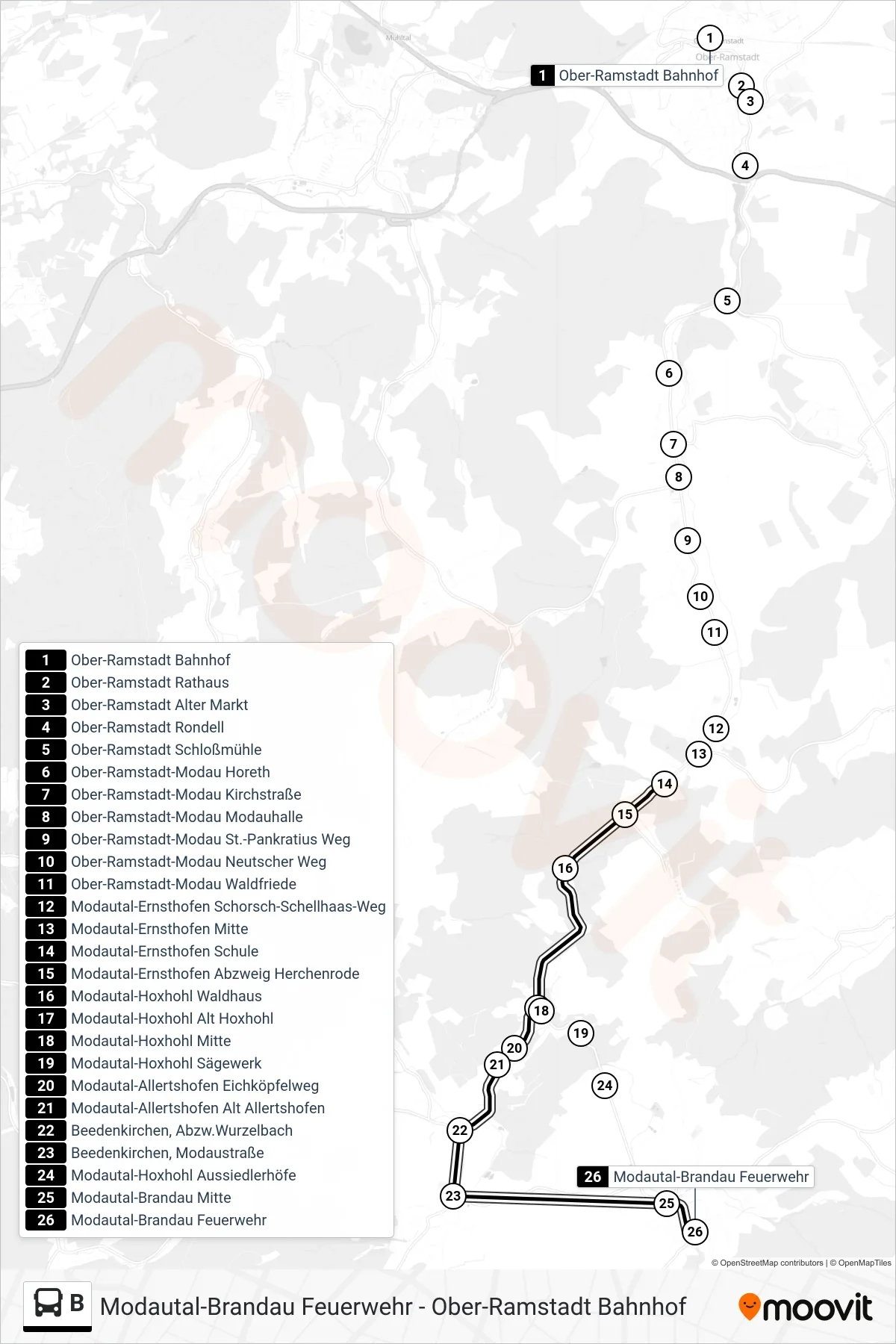 Linie B (Bus) Richtung Modautal-Brandau Feuerwehr: Route und Haltestellen auf der Karte