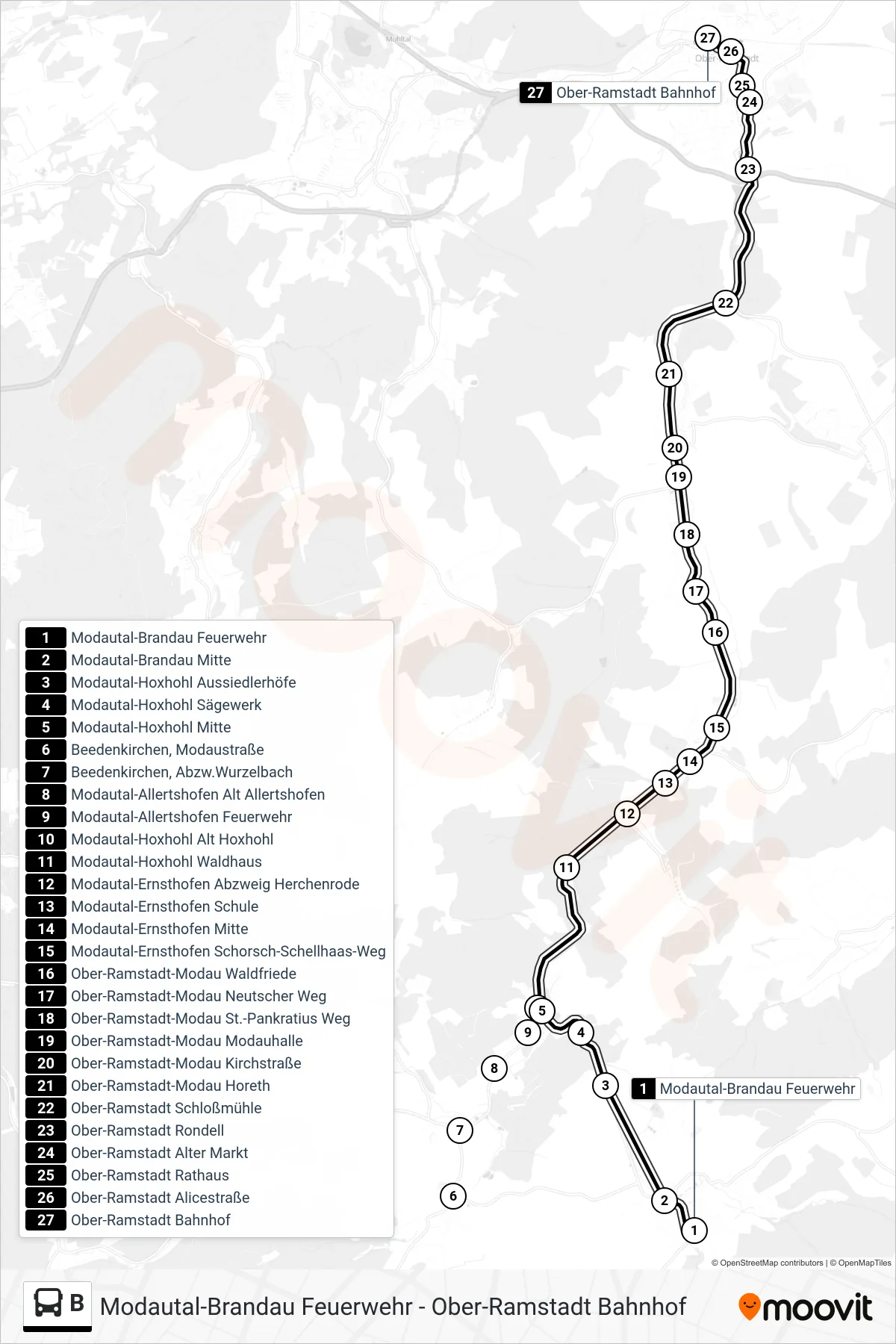 Linie B (Bus) Richtung Ober-Ramstadt Bahnhof: Route und Haltestellen auf der Karte