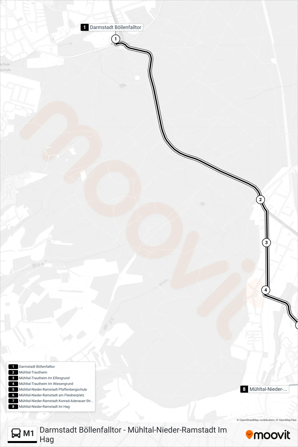 M1 bus Line (Mühltal-Nieder-Ramstadt Im Hag) route and stops on a map