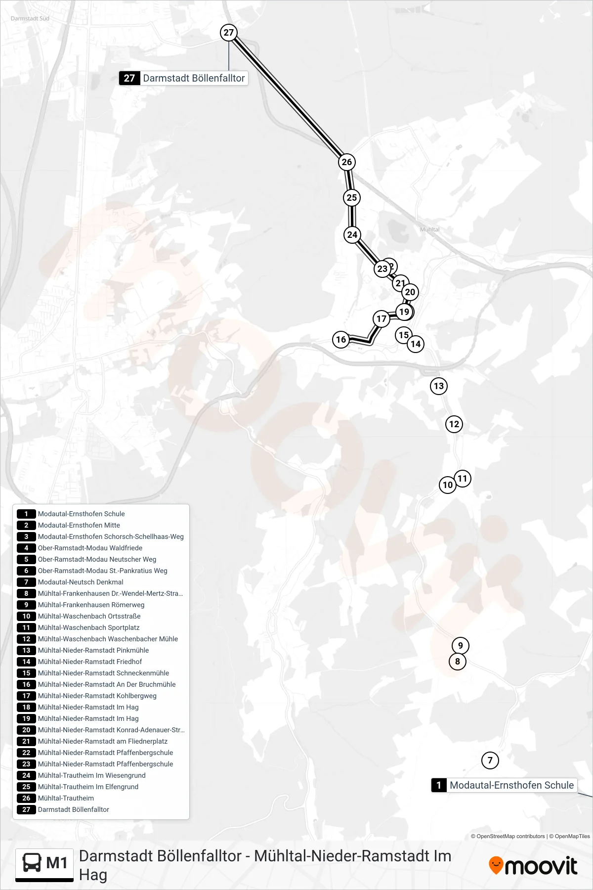 M1 bus Line (Darmstadt Böllenfalltor) route and stops on a map