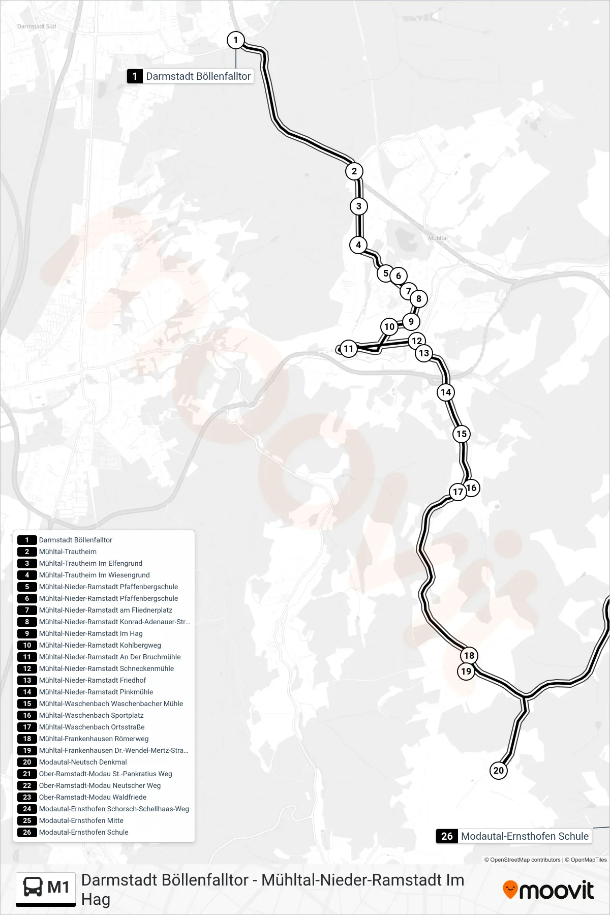 M1 bus Line (Modautal-Ernsthofen Schule) route and stops on a map