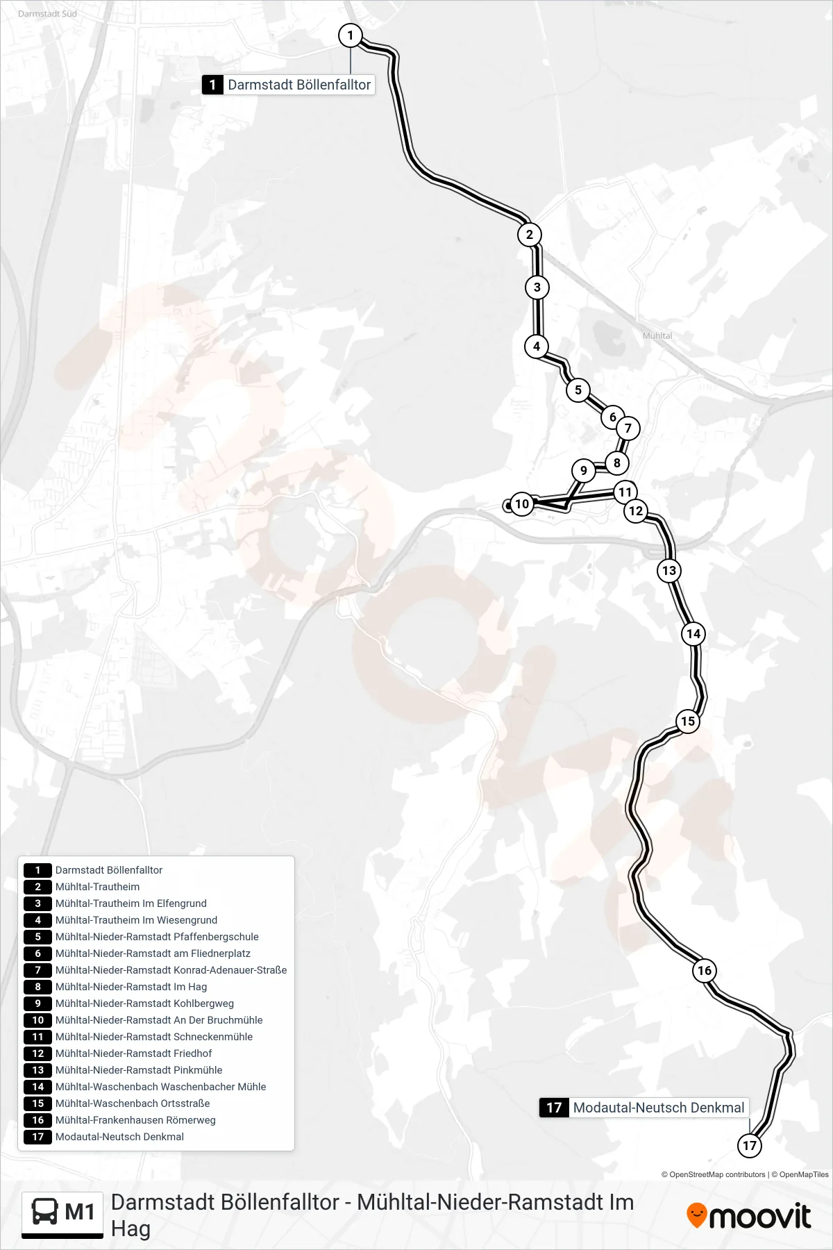 Linie M1 (Bus) Richtung Modautal-Neutsch Denkmal: Route und Haltestellen auf der Karte