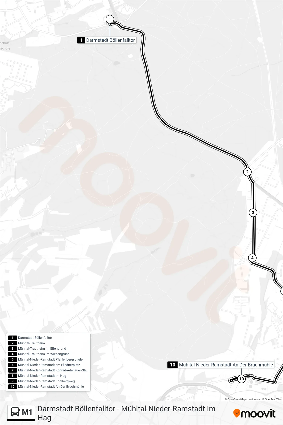 M1 bus Line (Mühltal-Nieder-Ramstadt An Der Bruchmühle) route and stops on a map