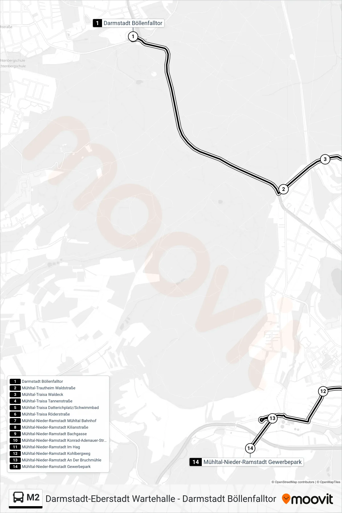 Linie M2 (Bus) Richtung Mühltal-Nieder-Ramstadt Gewerbepark: Route und Haltestellen auf der Karte
