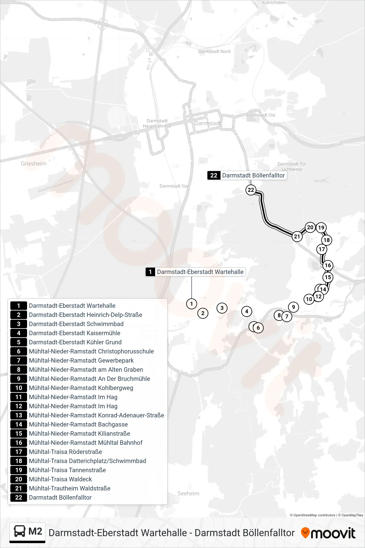 Linie M2 (Bus) Richtung Darmstadt Böllenfalltor: Route und Haltestellen auf der Karte