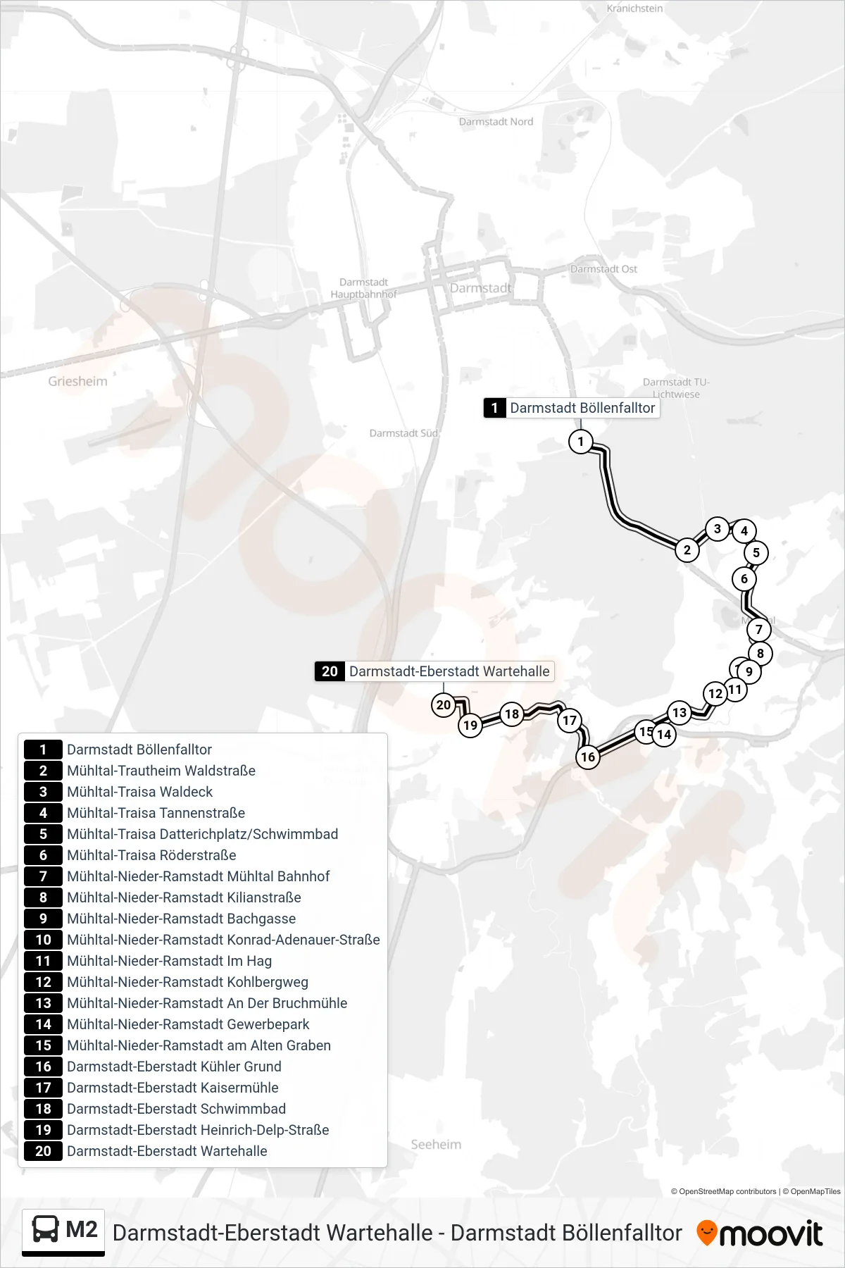 M2 bus Line (Darmstadt-Eberstadt Wartehalle) route and stops on a map