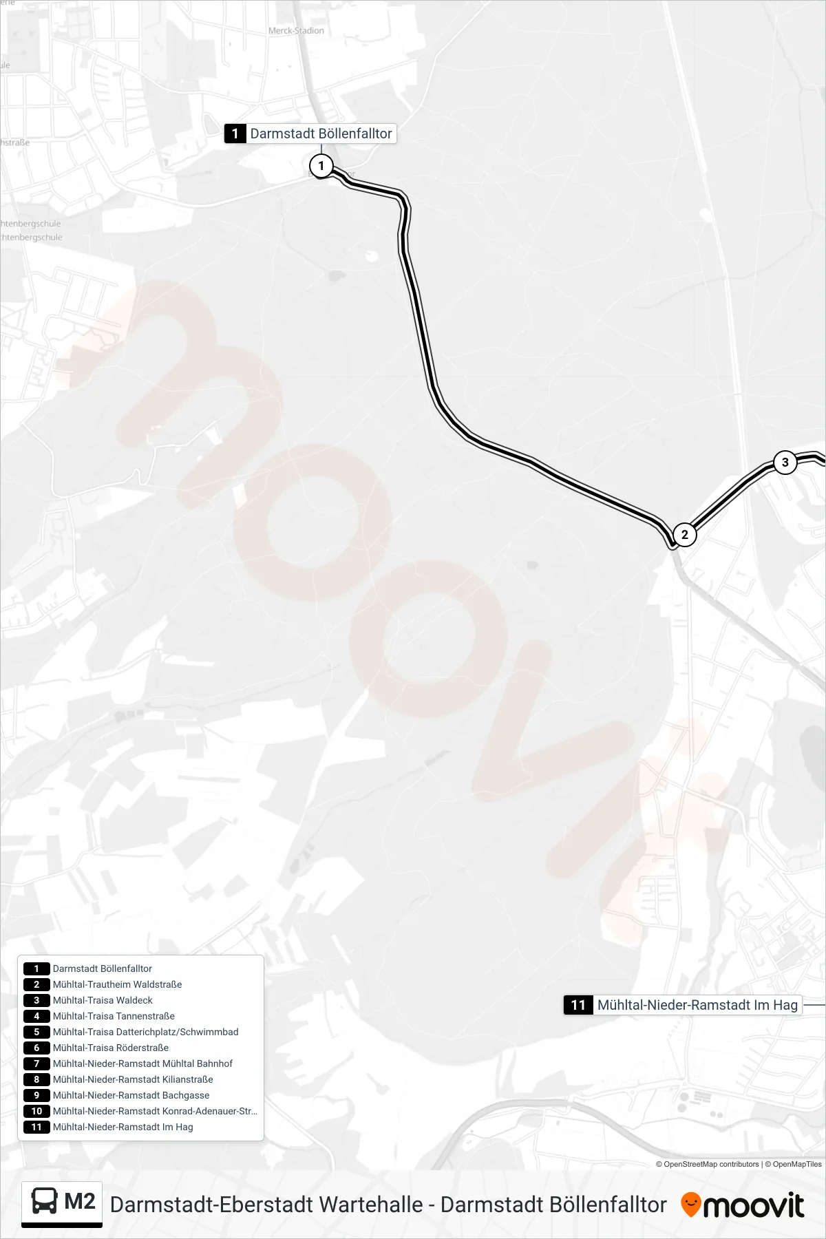 Linie M2 (Bus) Richtung Mühltal-Nieder-Ramstadt Im Hag: Route und Haltestellen auf der Karte