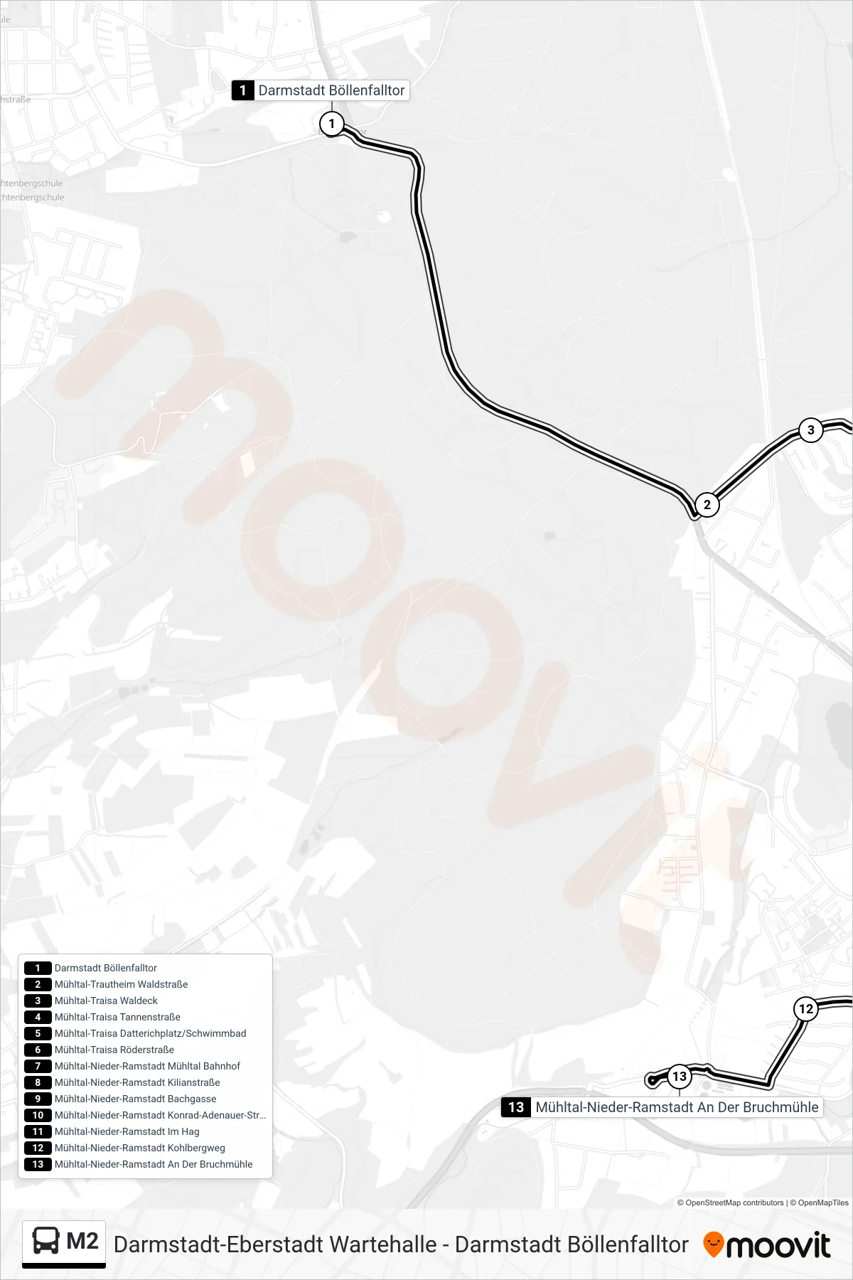 Linie M2 (Bus) Richtung Mühltal-Nieder-Ramstadt An Der Bruchmühle: Route und Haltestellen auf der Karte