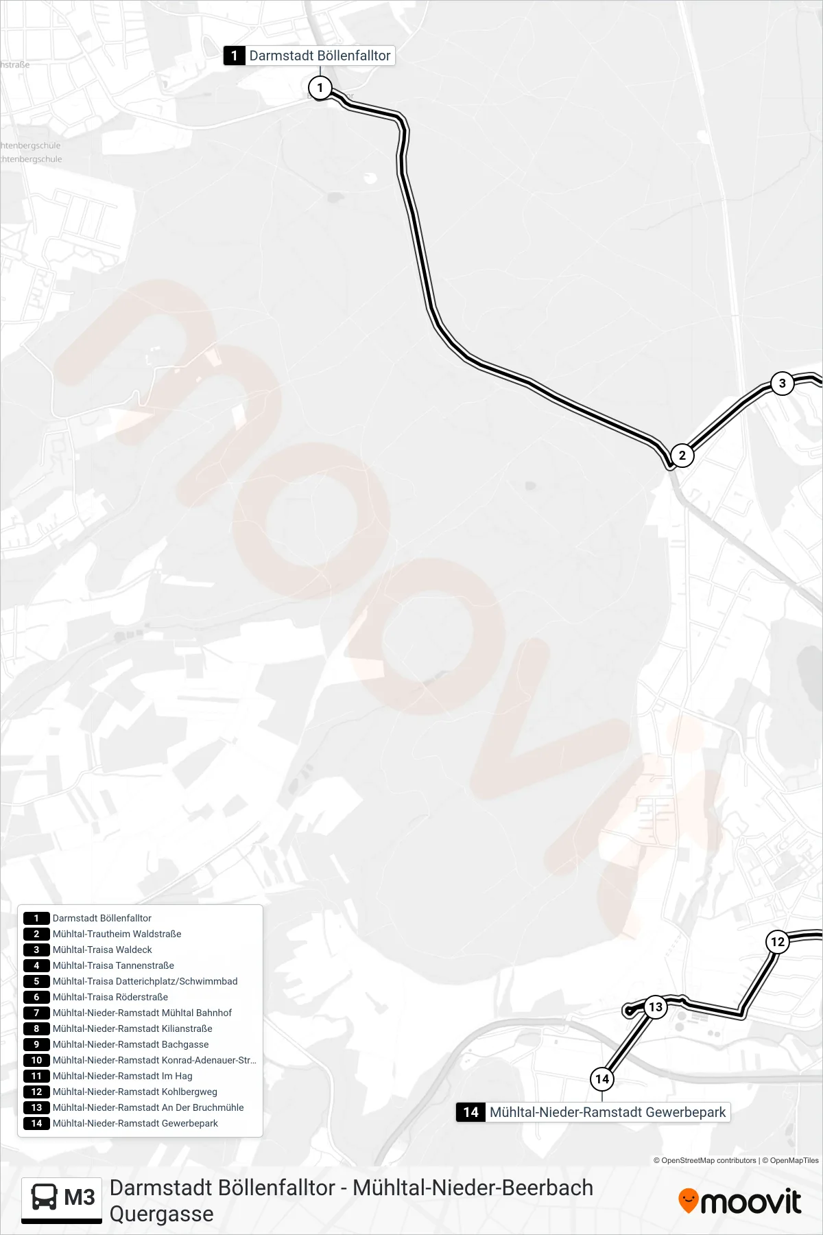 Linie M3 (Bus) Richtung Mühltal-Nieder-Ramstadt Gewerbepark: Route und Haltestellen auf der Karte
