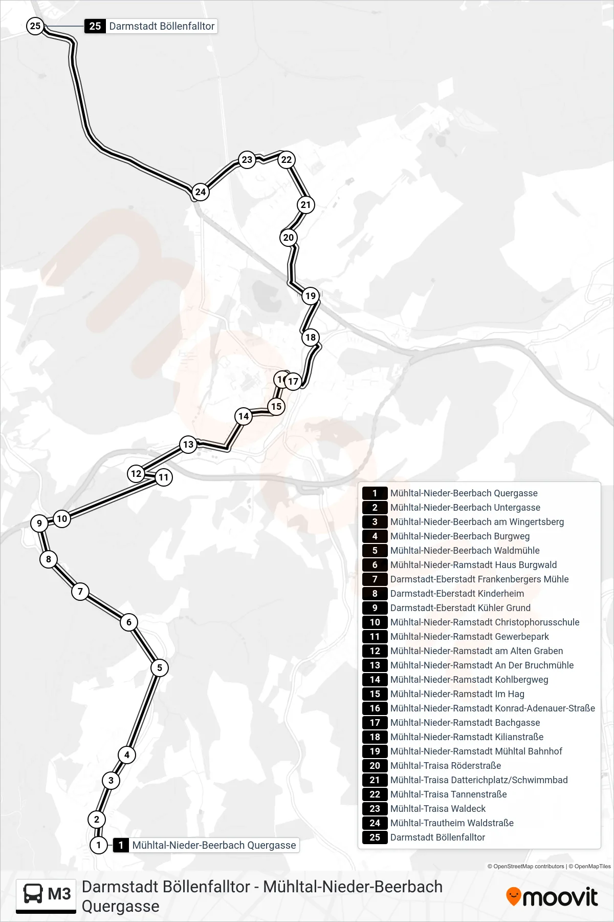 M3 bus Line (Darmstadt Böllenfalltor) route and stops on a map