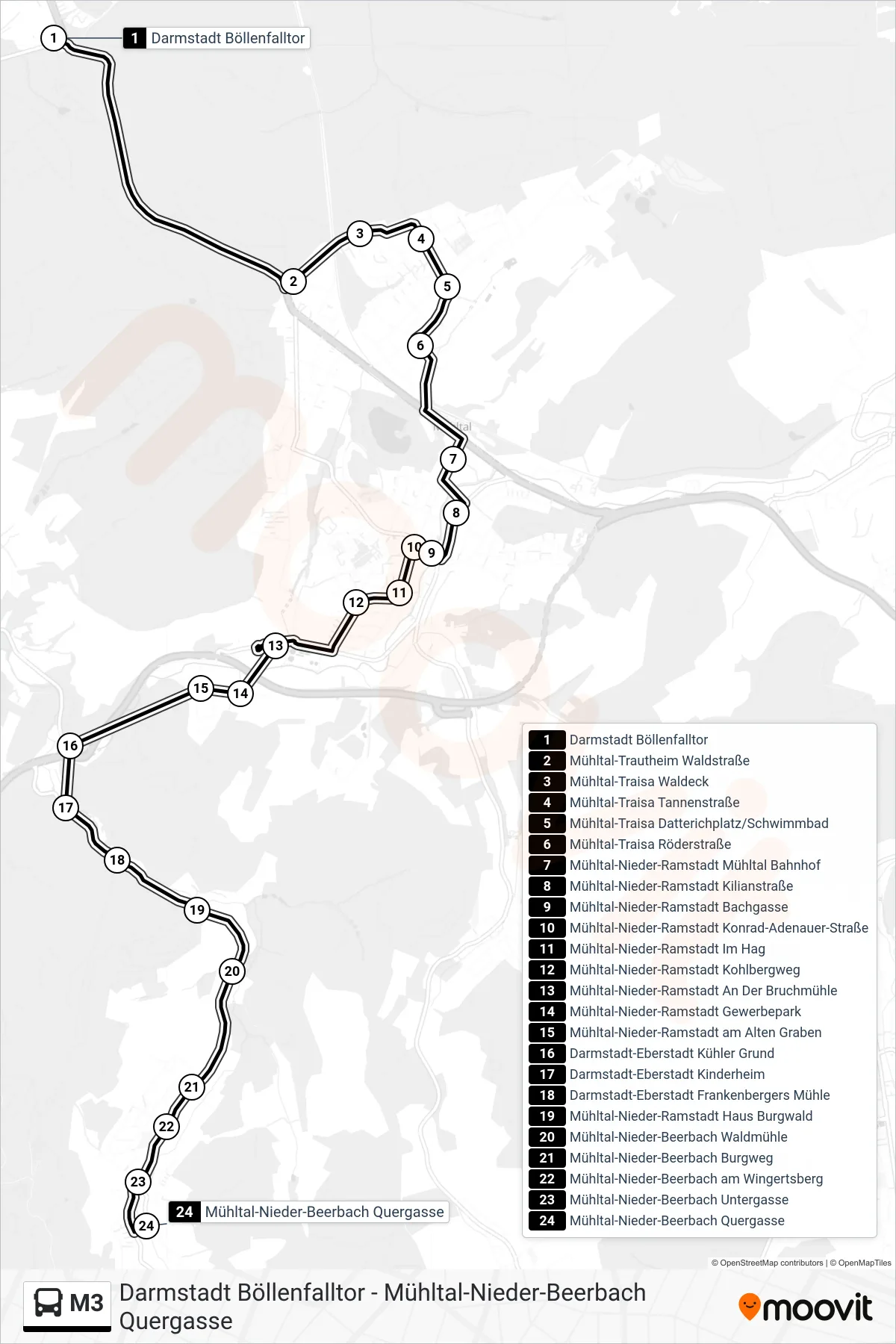 M3 bus Line (Mühltal-Nieder-Beerbach Quergasse) route and stops on a map