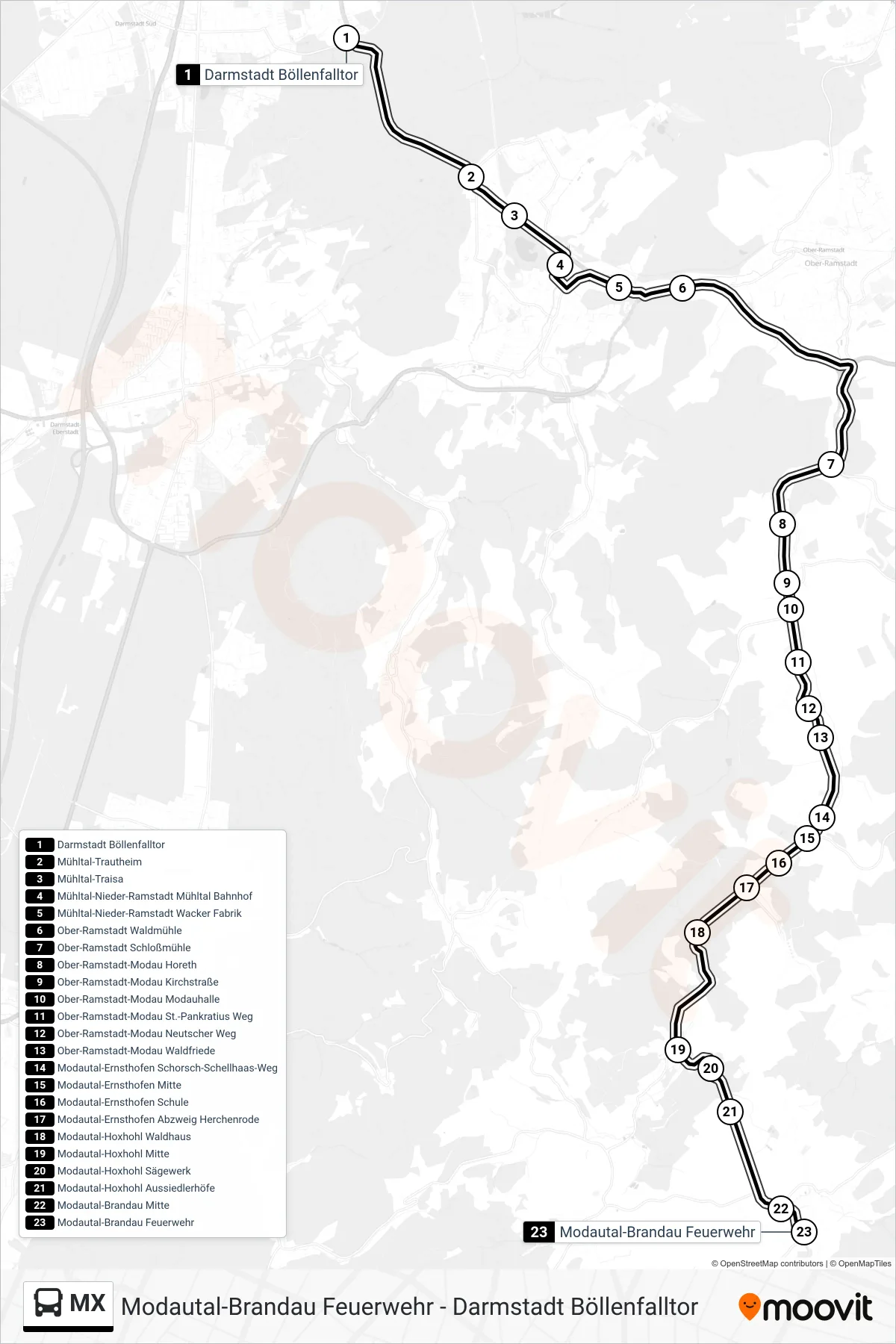 MX bus Line (Modautal-Brandau Feuerwehr) route and stops on a map