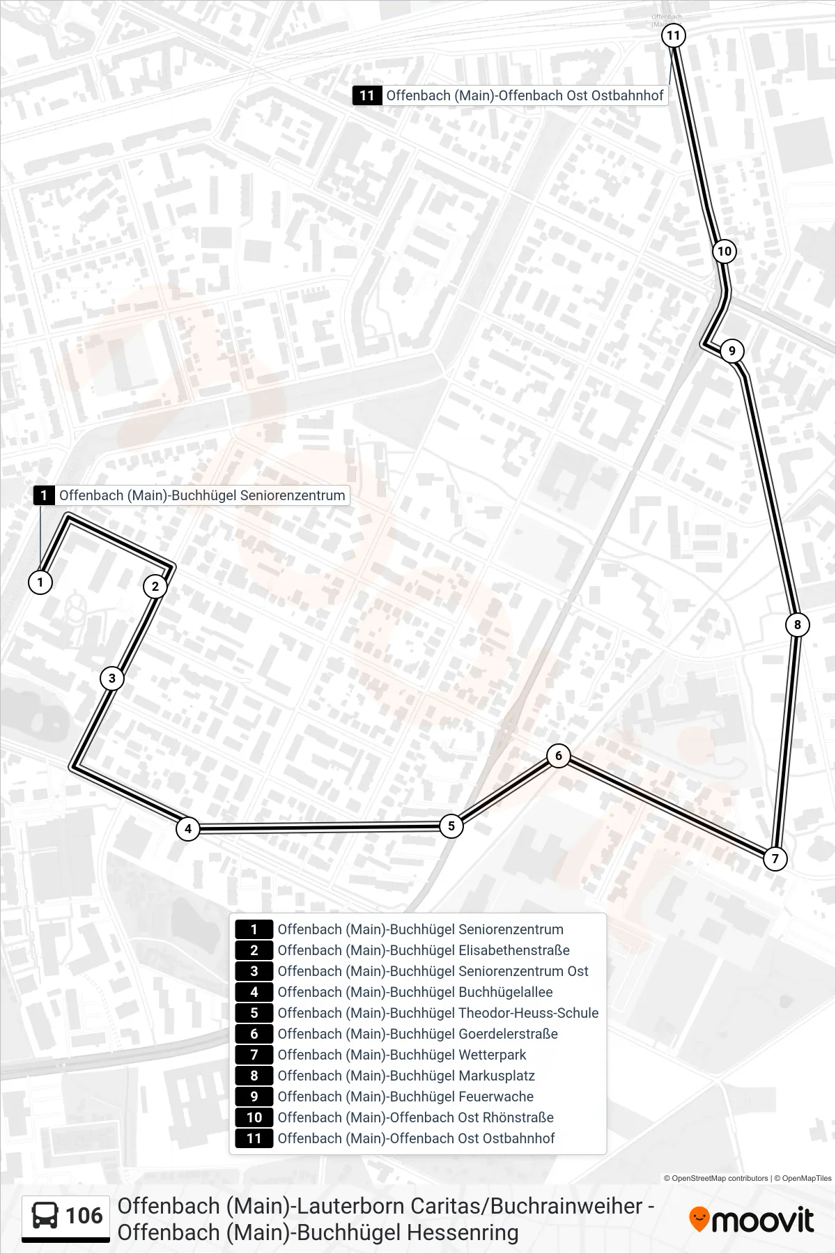 Linie 106 (Bus) Richtung Offenbach (Main)-Offenbach Ost Ostbahnhof: Route und Haltestellen auf der Karte