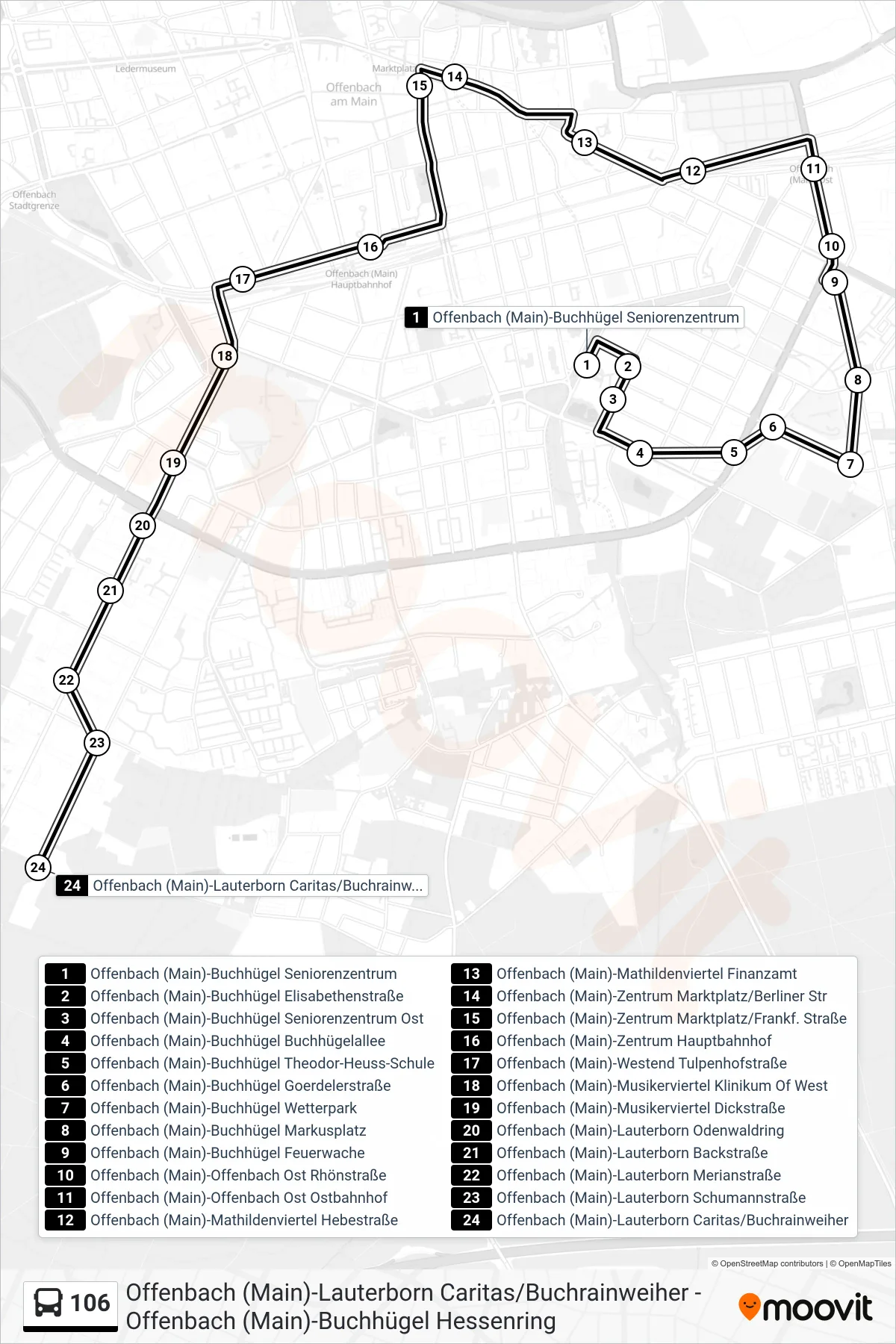 106 bus Line (Offenbach (Main)-Lauterborn Caritas/Buchrainweiher) route and stops on a map