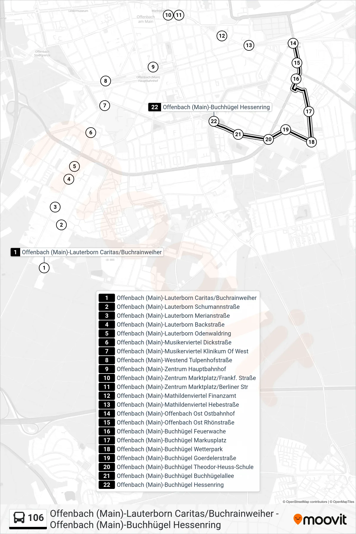 106 bus Line (Offenbach (Main)-Buchhügel Hessenring) route and stops on a map