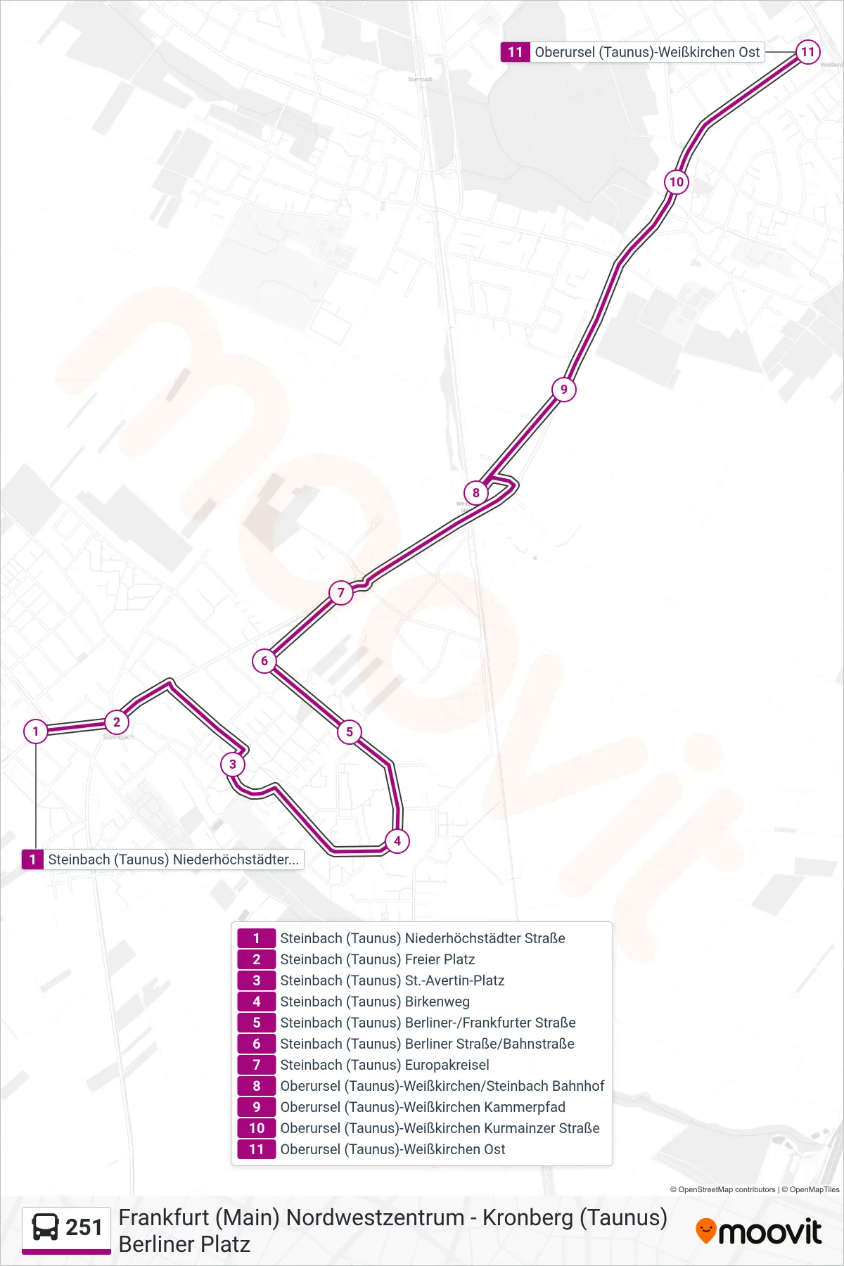 Linie 251 (Bus) Richtung Oberursel (Taunus)-Weißkirchen Ost: Route und Haltestellen auf der Karte