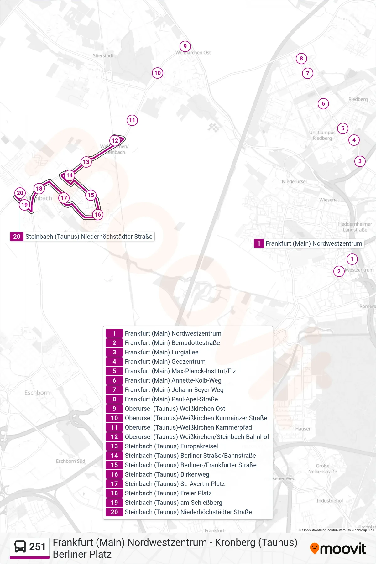 251 bus Line (Steinbach (Taunus) Niederhöchstädter Straße) route and stops on a map