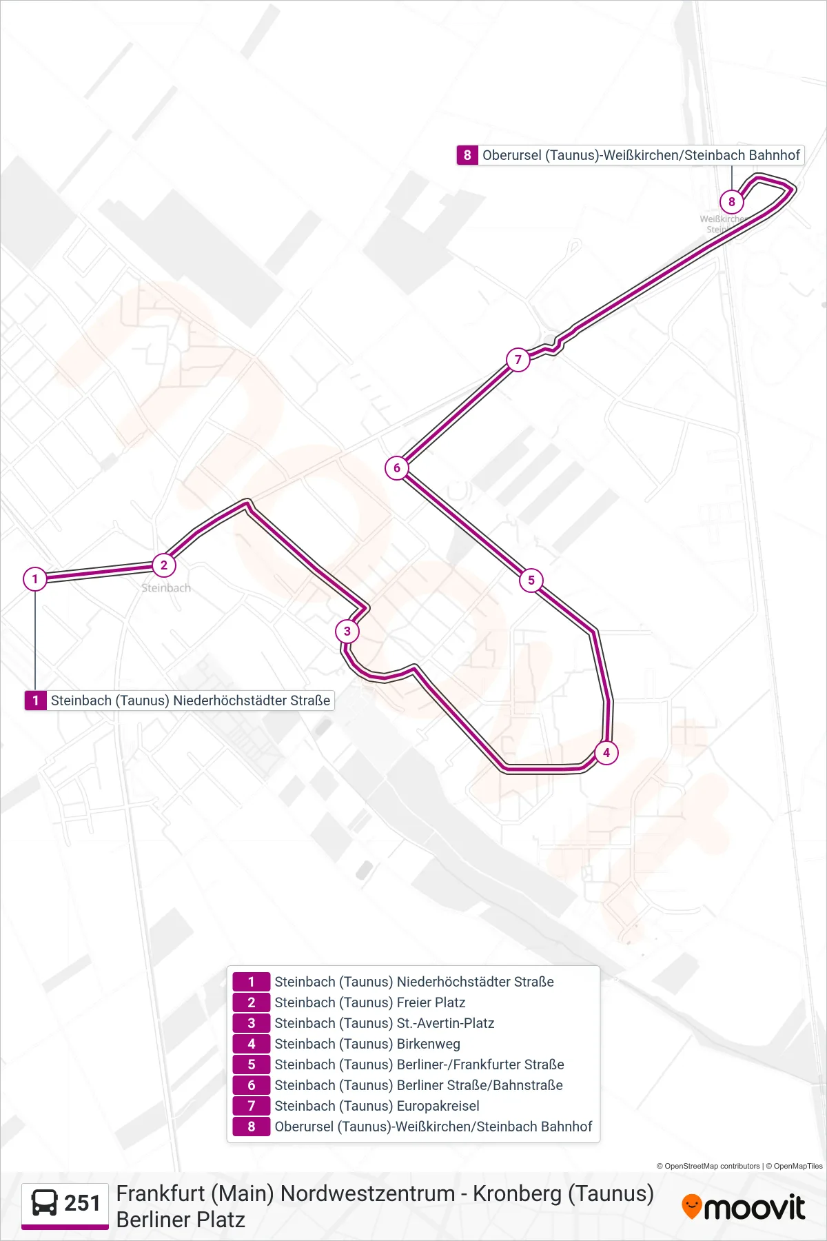 251 bus Line (Oberursel (Taunus)-Weißkirchen/Steinbach Bahnhof) route and stops on a map
